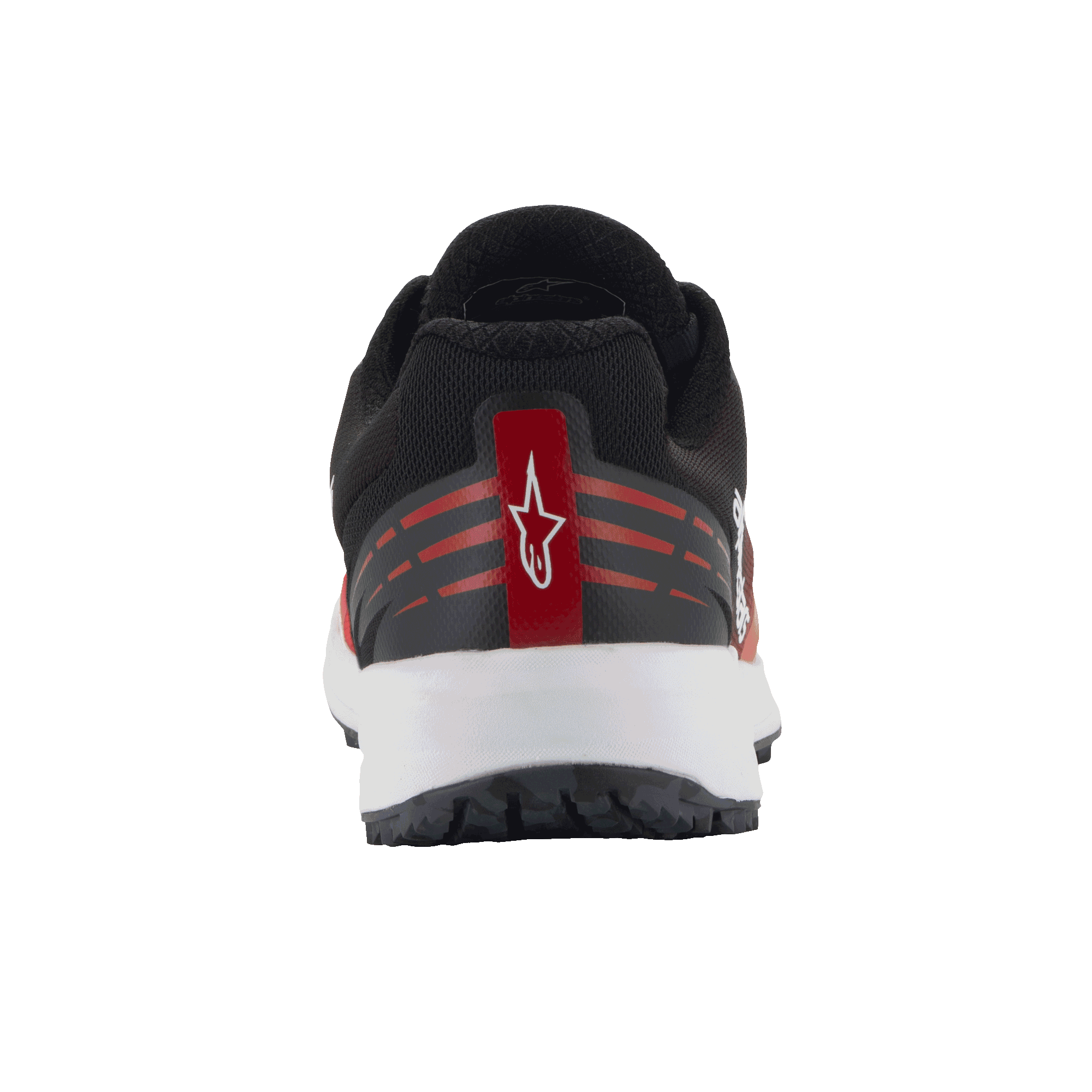 Alpinestars Meta Road V2 schoenen, sportswear schoenen, rood, zwart en wit, achteraanzicht met hiel-detail met wit Astars-logo op een rode streep, horizontale rode accenten, zwart mesh bovenwerk en witte tussenzool