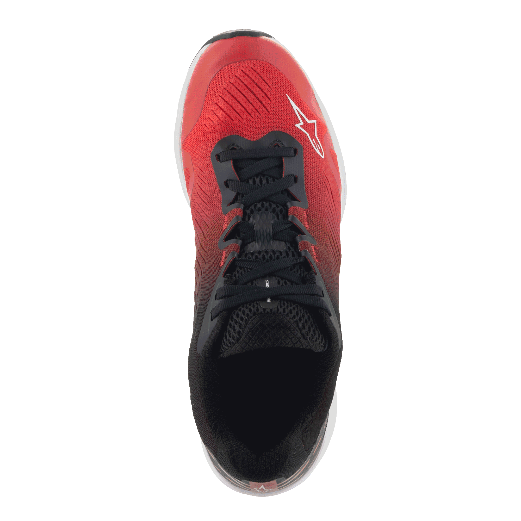 Alpinestars Meta Road V2 schoenen, sportswear schoenen, rood, zwart en wit, bovenaanzicht met een kleurverloop van rood naar zwart, zwarte veters en wit Alpinestars-logo, ontworpen voor dagelijks comfort en race-team werkkleding