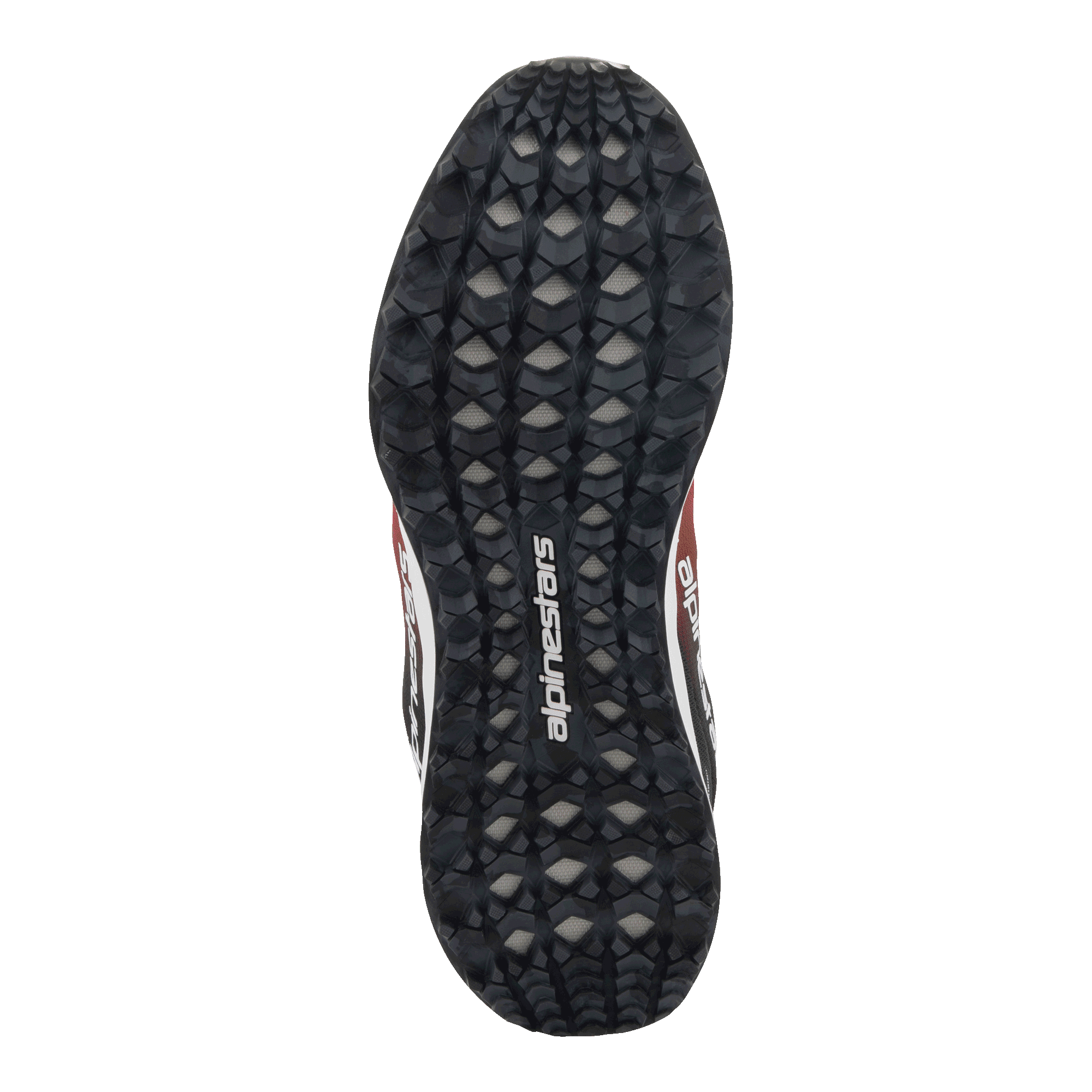 Alpinestars Meta Road V2 schoenen, onderaanzicht van de buitenzool, zwart rubber met een getextureerd hexagonaal loopvlakprofiel voor grip, wit Alpinestars-logo in het midden, rode, zwarte en witte accenten zichtbaar aan de zijkanten