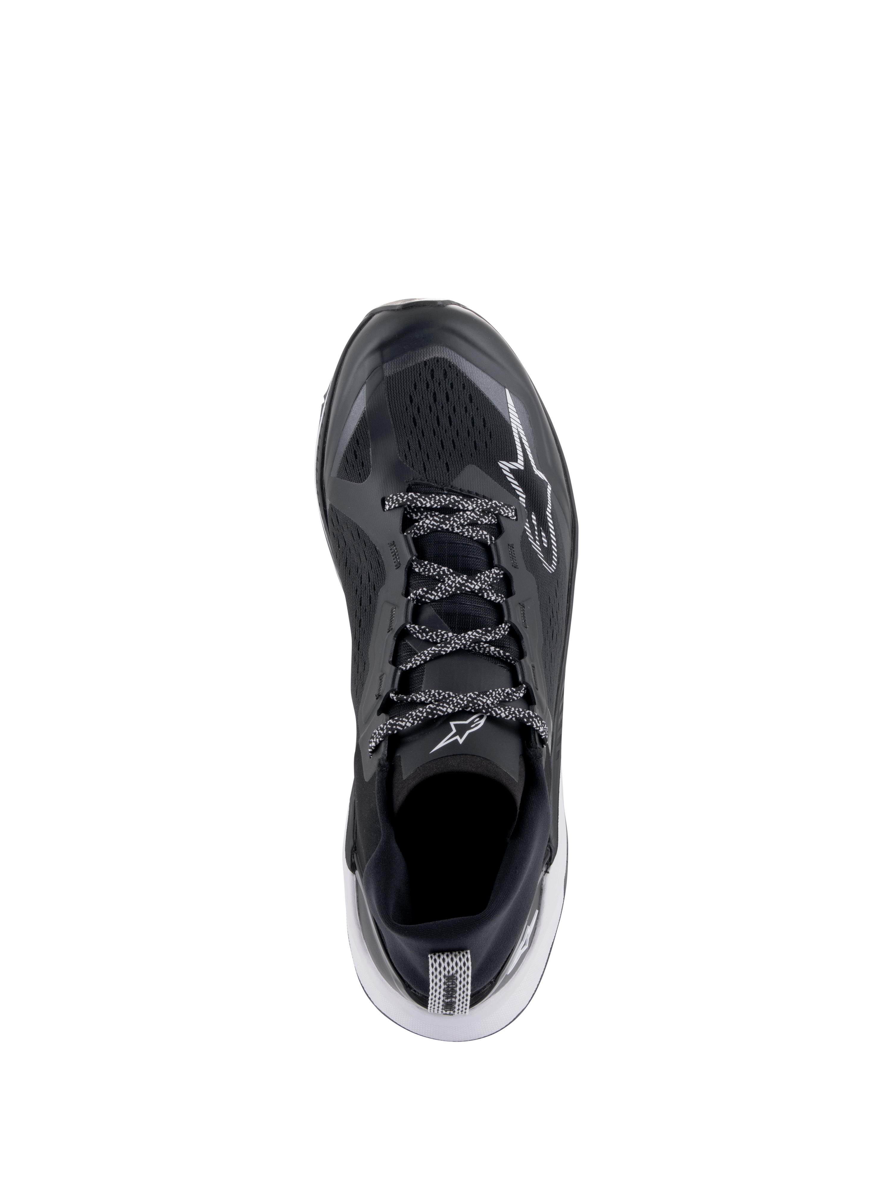 Alpinestars Meta XR V2 Schoenen, Sportswear schoenen, zwart, wit en donkergrijs, bovenaanzicht met ademend bovenwerk van mesh en veters met patroon, wit sterlogo, casual sportschoenen