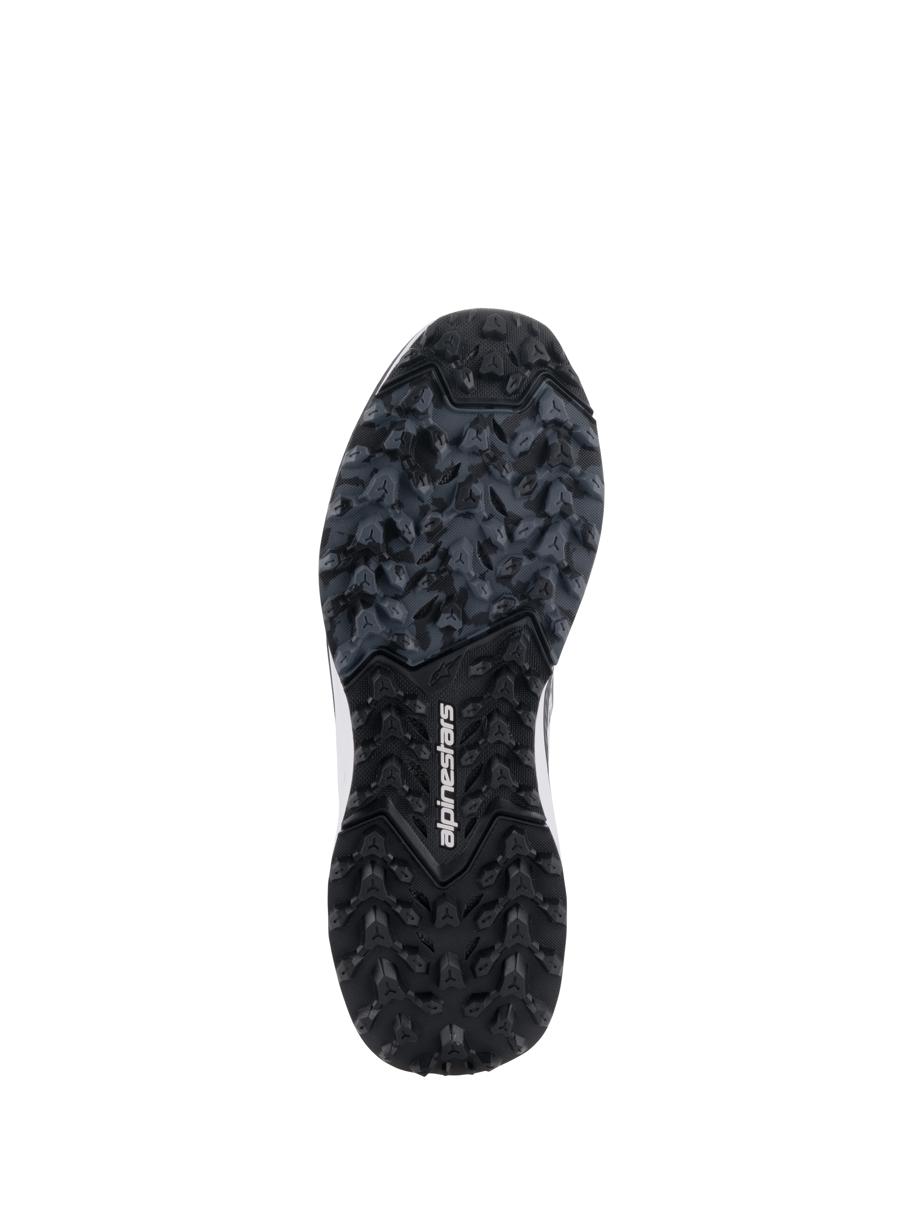 Alpinestars Meta XR V2 schoenen, robuuste rubberen zool, zwart- en donkergrijze buitenzool met noppenprofiel, witte Alpinestars-branding in het midden, ontworpen voor superieure grip op off-road en onverharde ondergronden
