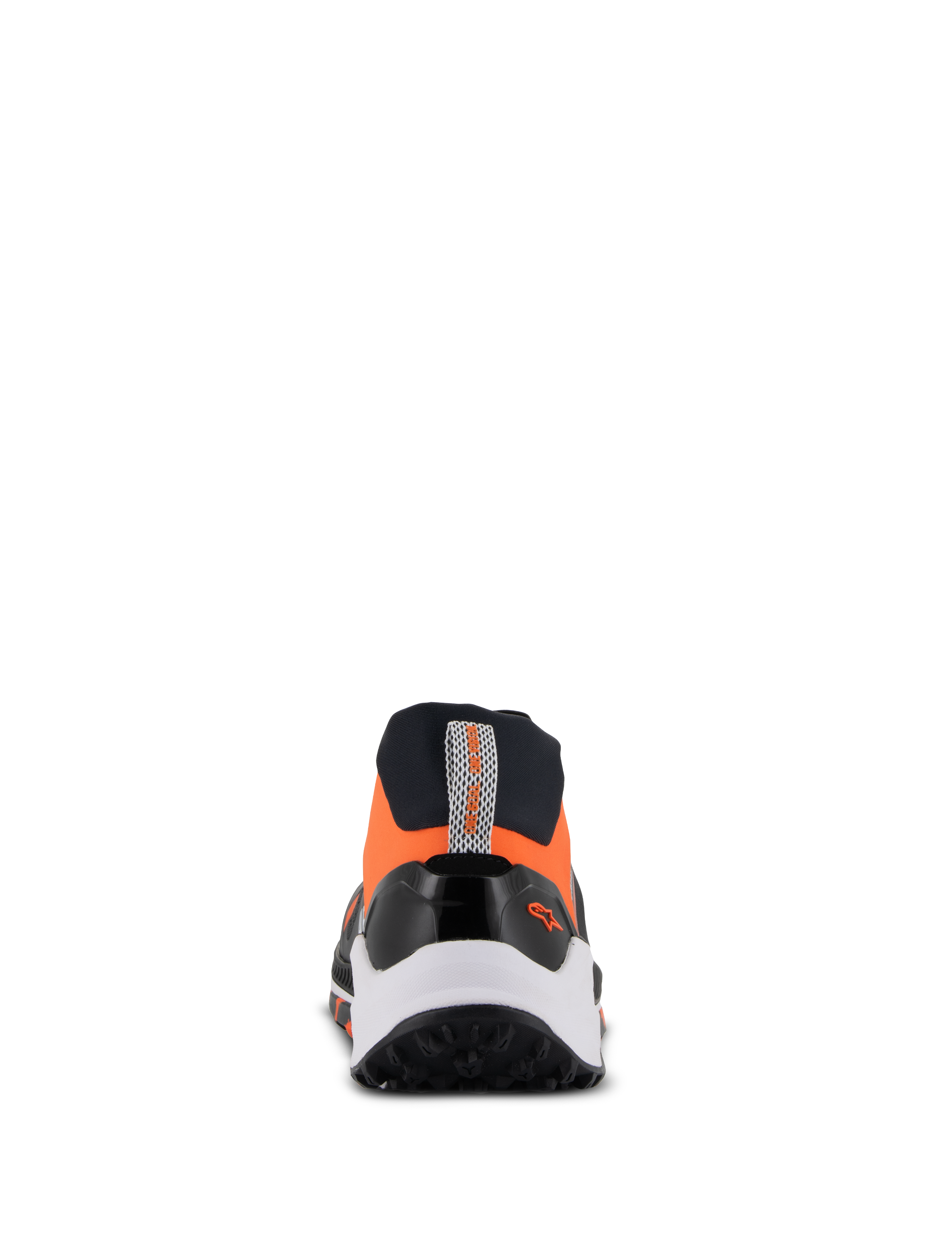 Alpinestars Meta XR V2 schoenen, sportieve casual schoenen, zwart, oranje en wit, achteraanzicht met een robuuste rubberen zool, witte tussenzool en oranje bovenwerk met hiellus en klein Alpinestars-logo