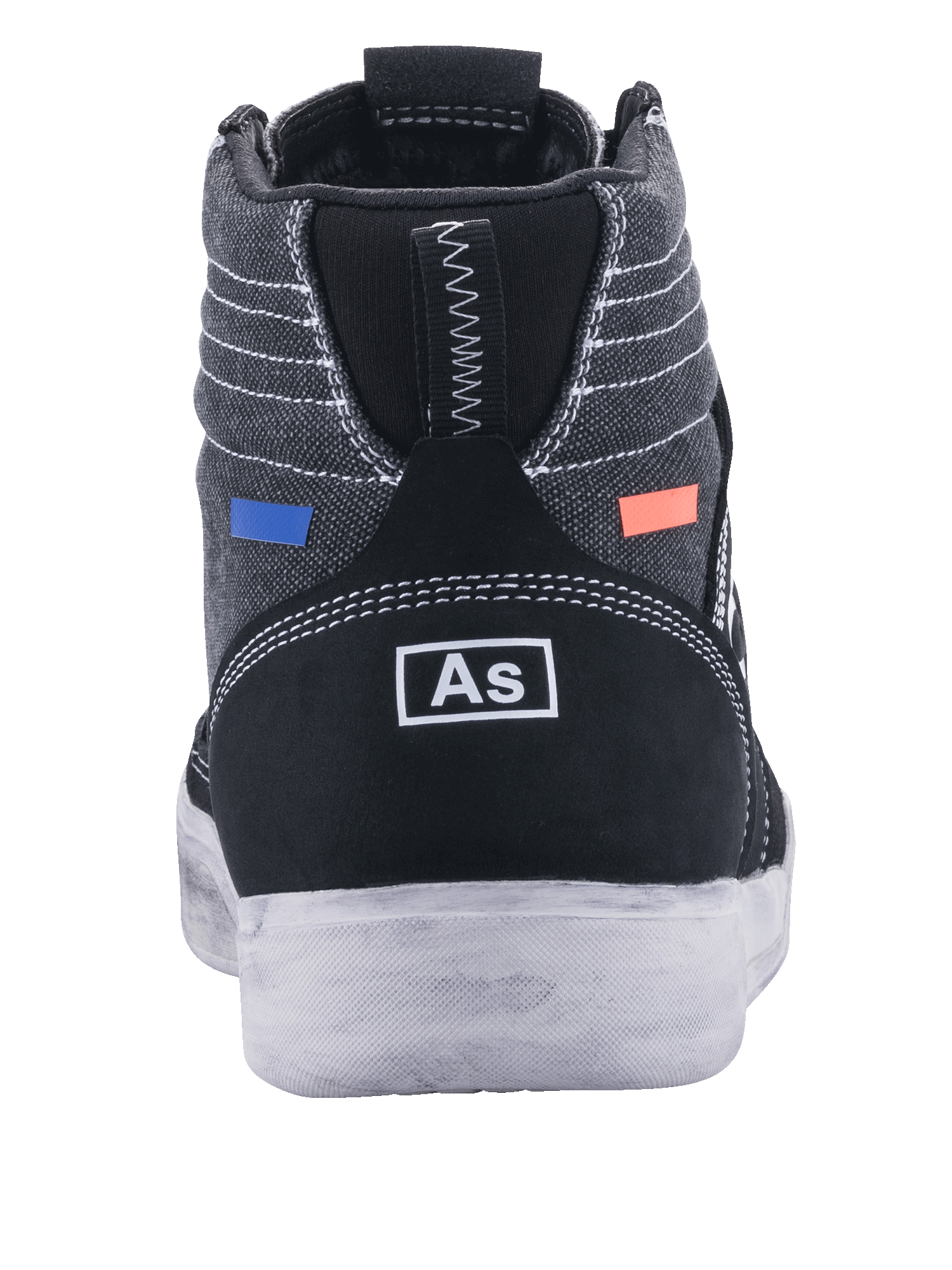 Chaussures de moto Alpinestars Ageless, chaussures de conduite, noir et gris, vue arrière présentant une toile gris foncé avec surpiqûres blanches, talon en daim noir avec logo blanc, accents bleus et orange, design urbain décontracté avec semelle blanche
