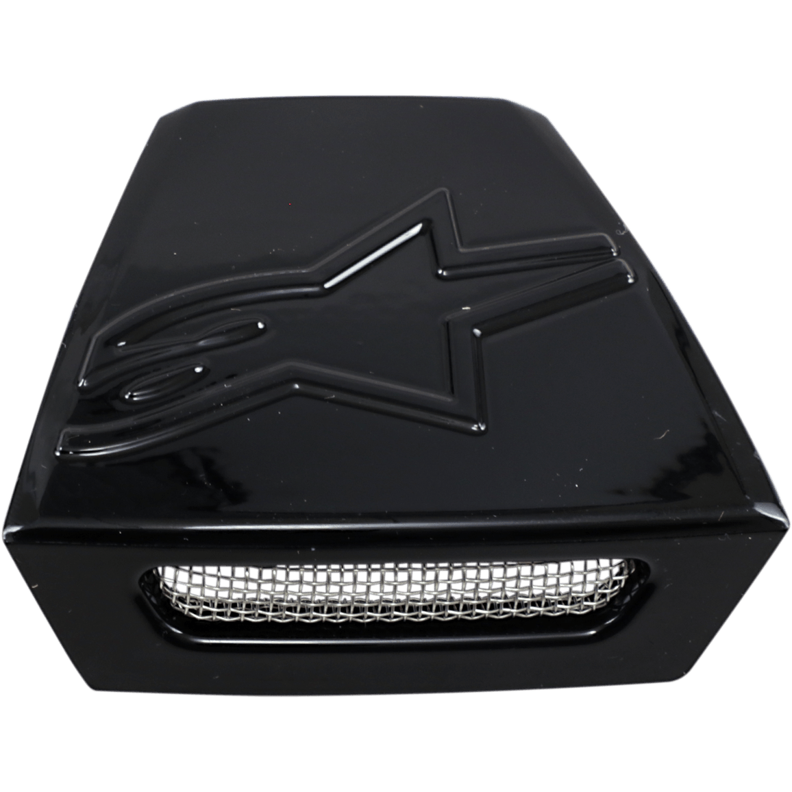 Alpinestars Supertech M10/M8, cadre de ventilation arrière pour casque, accessoire pour casque, noir brillant, logo étoile embossé sur la surface supérieure, insert de grille en maille métallique argentée, composant de ventilation trapézoïdal pour casques tout-terrain