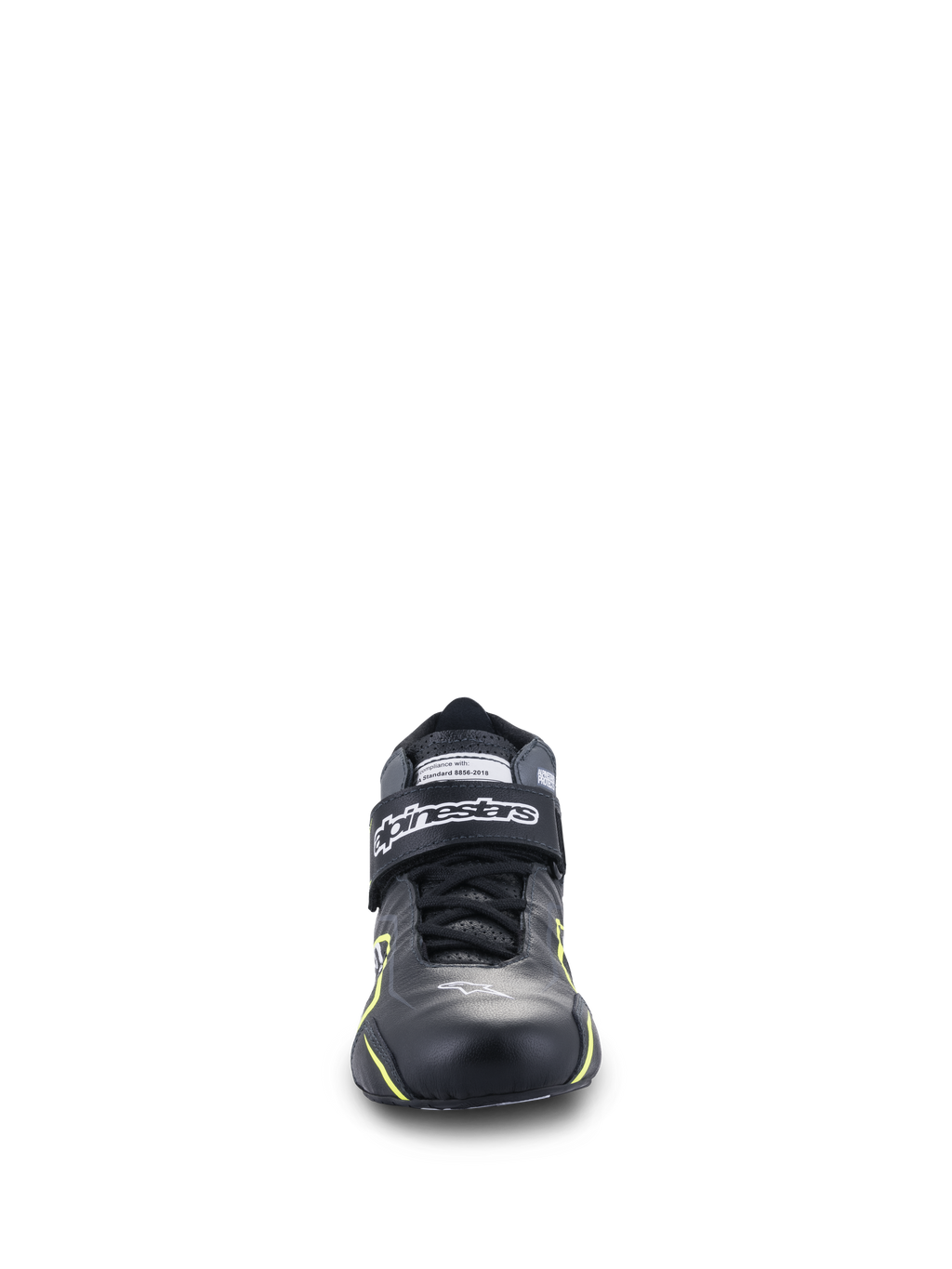 Chaussures Alpinestars Tech-1 T V3 FIA, chaussures de sport automobile, noir avec accents jaune fluo, vue de face, construction en cuir intégral avec sangle de cheville à crochet et boucle, logo Alpinestars blanc, conception technique pour la conduite haute performance
