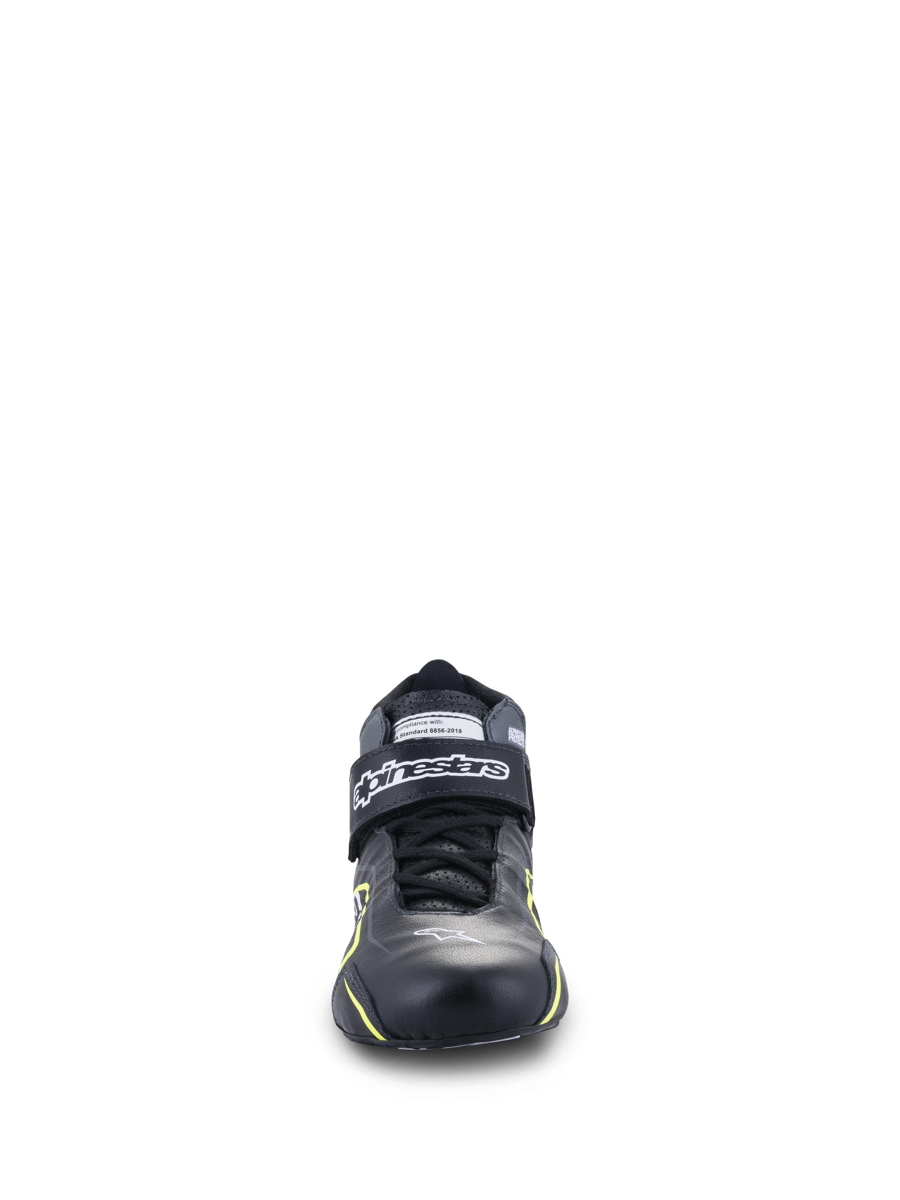 Chaussures Alpinestars Tech-1 T V3 FIA, chaussures de sport automobile, noir avec accents jaune fluo, vue de face, construction en cuir intégral avec sangle de cheville à crochet et boucle, logo Alpinestars blanc, conception technique pour la conduite haute performance