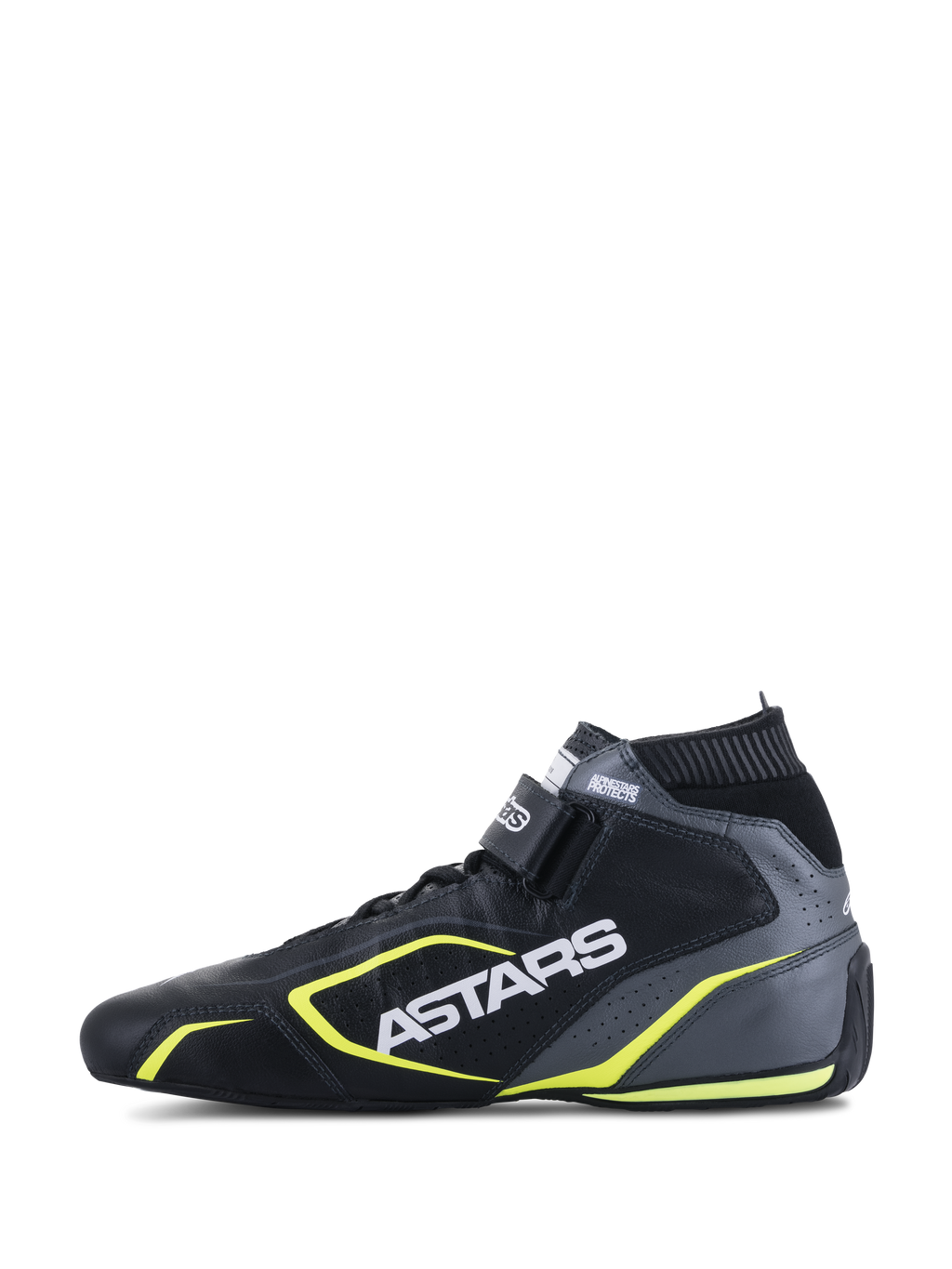 Chaussures Alpinestars Tech-1 T V3 FIA, chaussures de course automobile, noir, gris froid et jaune fluo, vue de profil montrant la construction en cuir, logo ASTARS blanc, col élastique ignifuge et touches de jaune vif.