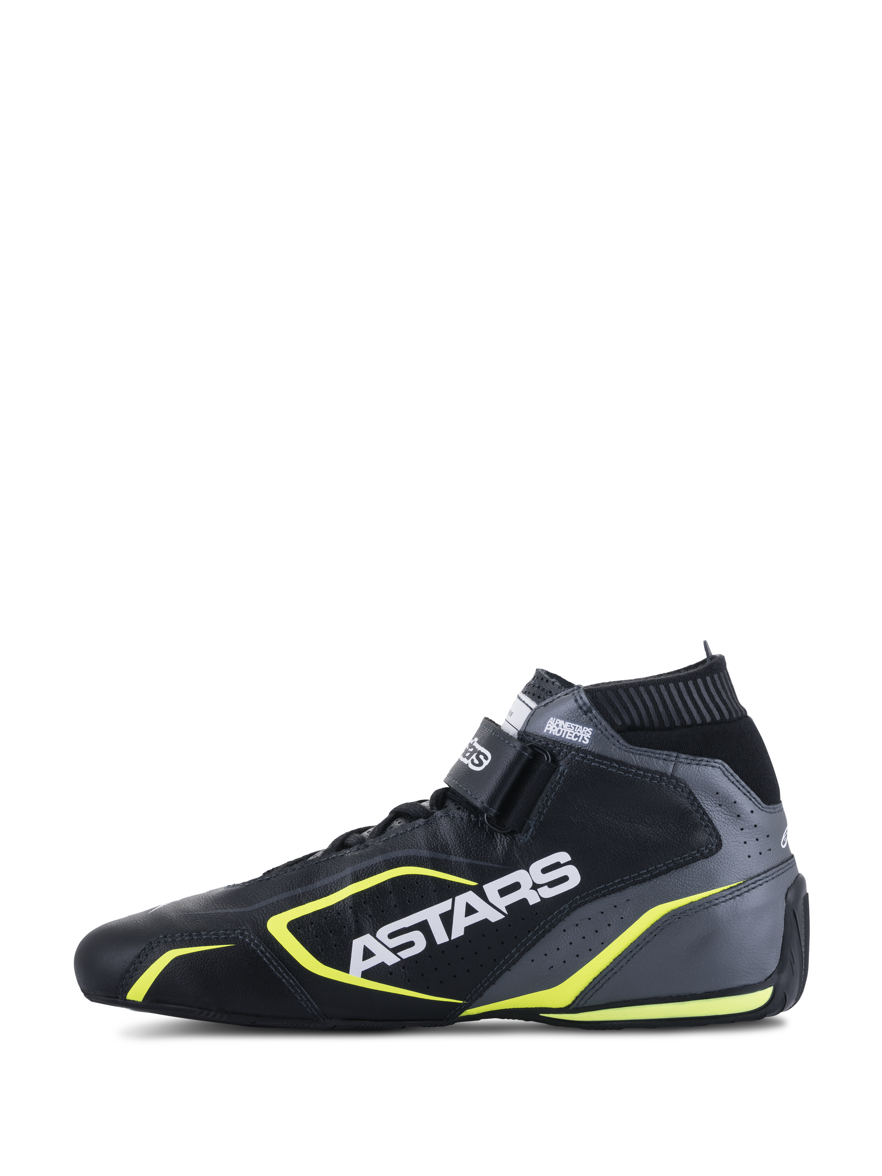 Chaussures Alpinestars Tech-1 T V3 FIA, chaussures de course automobile, noir, gris froid et jaune fluo, vue de profil montrant la construction en cuir, logo ASTARS blanc, col élastique ignifuge et touches de jaune vif.