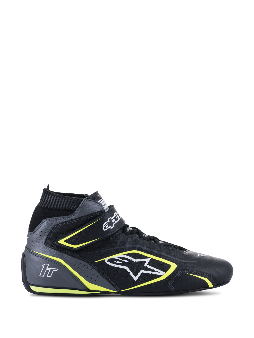 Chaussures de course Alpinestars Tech-1 T V3 FIA, noires et gris cool avec accents jaune fluo, chaussures de sport automobile montantes, confection en cuir de bovin perforé, sangle de cheville auto-agrippante avec lacets, logo blanc et marquage 1T, certifiées FIA 8856-2018 pour la course automobile