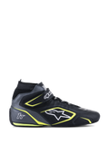 Chaussures de course Alpinestars Tech-1 T V3 FIA, noires et gris cool avec accents jaune fluo, chaussures de sport automobile montantes, confection en cuir de bovin perforé, sangle de cheville auto-agrippante avec lacets, logo blanc et marquage 1T, certifiées FIA 8856-2018 pour la course automobile
