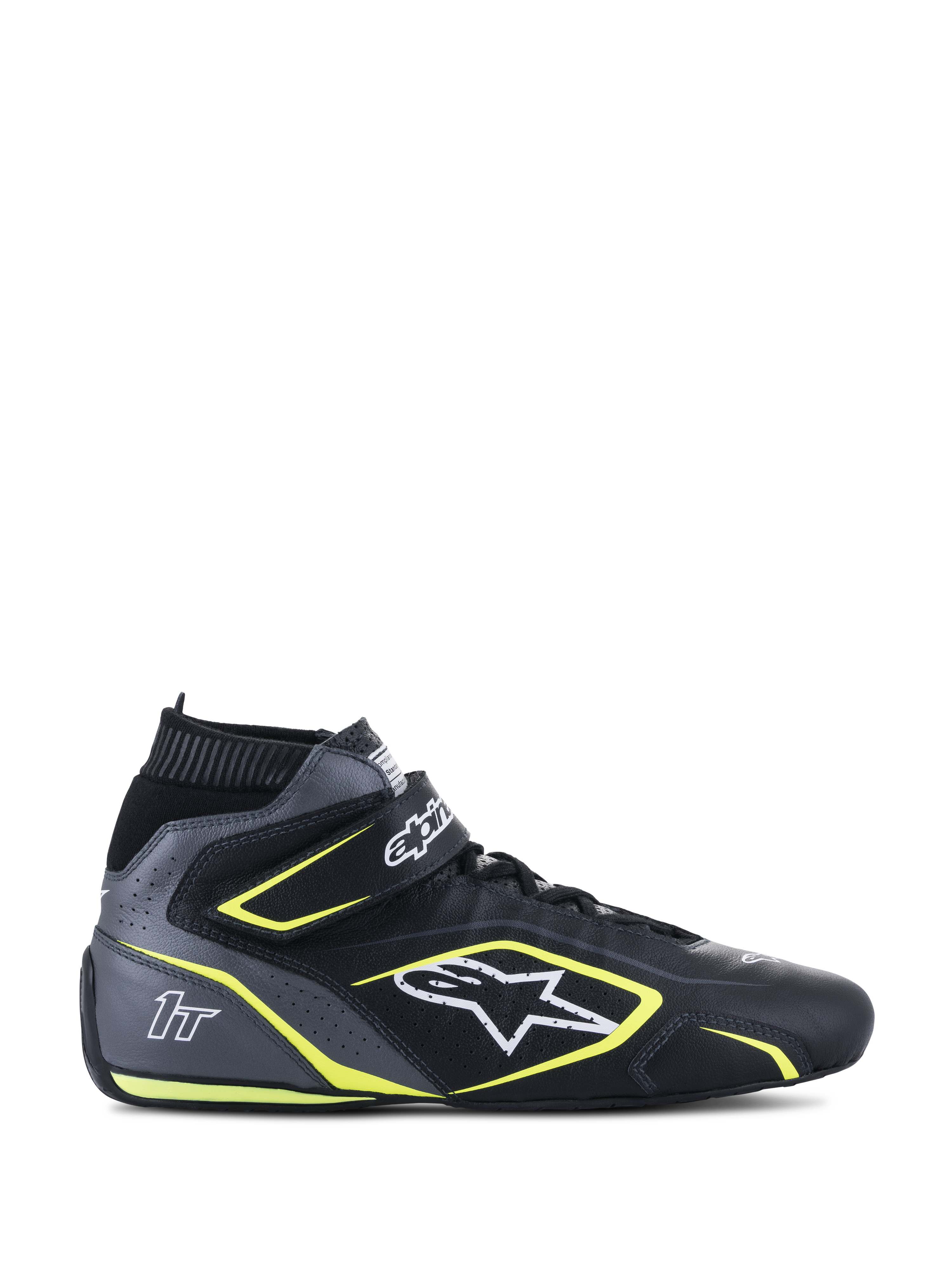 Chaussures de course Alpinestars Tech-1 T V3 FIA, noires et gris cool avec accents jaune fluo, chaussures de sport automobile montantes, confection en cuir de bovin perforé, sangle de cheville auto-agrippante avec lacets, logo blanc et marquage 1T, certifiées FIA 8856-2018 pour la course automobile