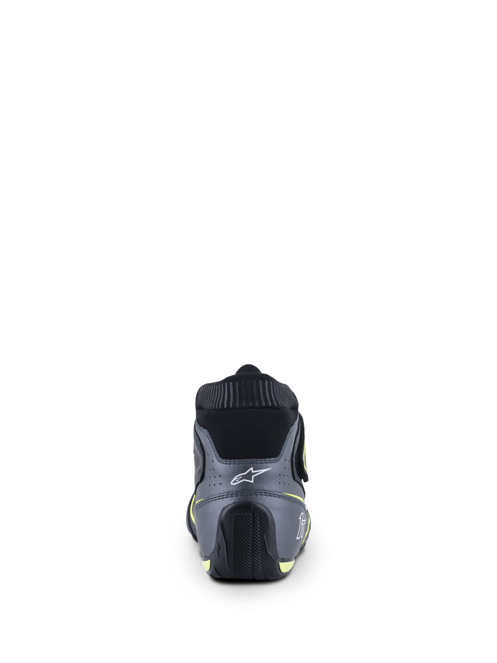 Chaussures Alpinestars Tech-1 T V3 FIA, chaussures de course automobile, noir, gris froid et jaune fluo, vue arrière présentant le logo étoile blanc sur le talon et le col élastique ignifuge