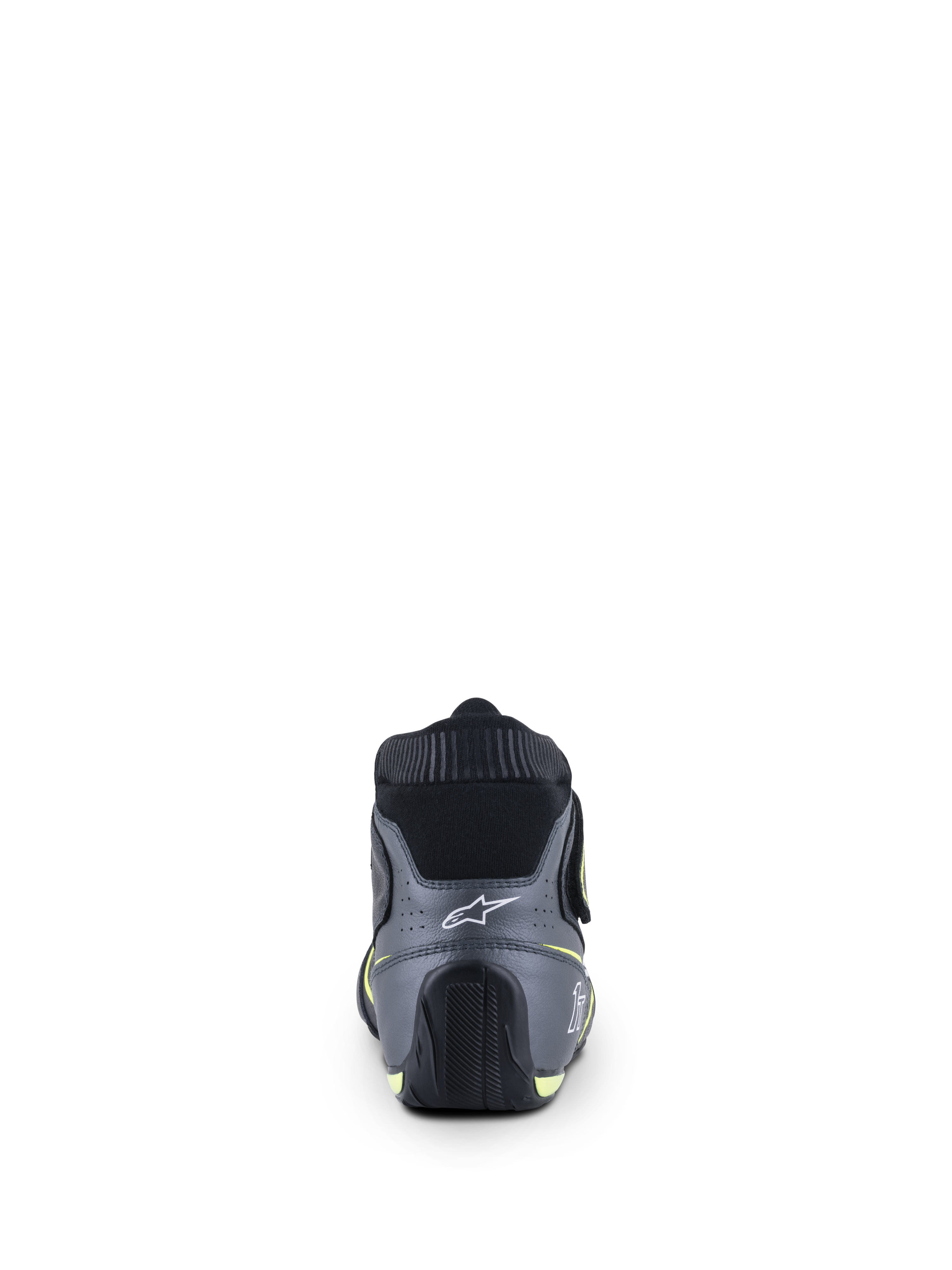 Chaussures Alpinestars Tech-1 T V3 FIA, chaussures de course automobile, noir, gris froid et jaune fluo, vue arrière présentant le logo étoile blanc sur le talon et le col élastique ignifuge