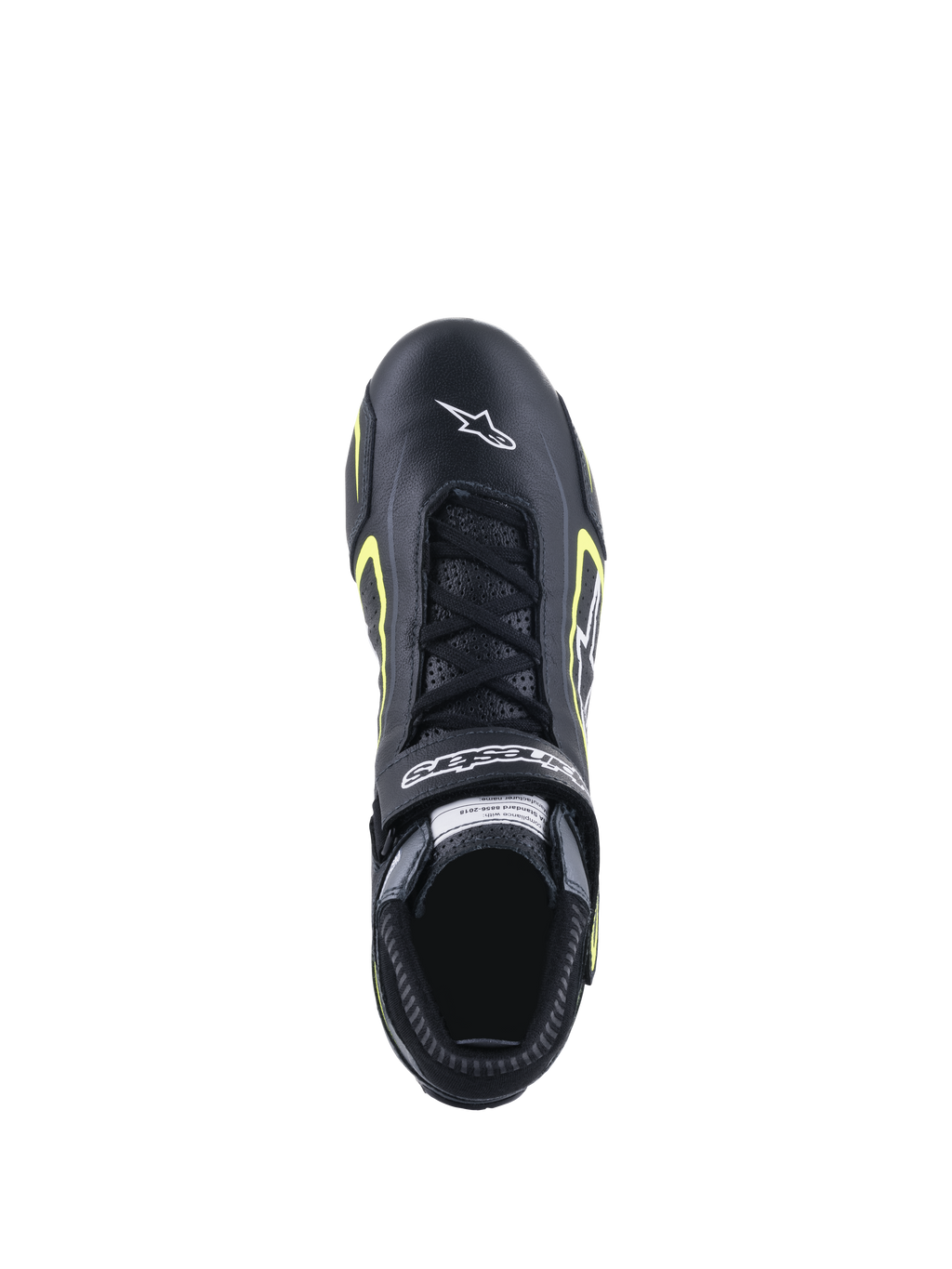 Chaussures Alpinestars Tech-1 T V3 FIA, chaussures de course automobile, noir et jaune fluo, vue de dessus montrant la construction en cuir, fermeture à lacets et logo Alpinestars blanc sur la pointe.