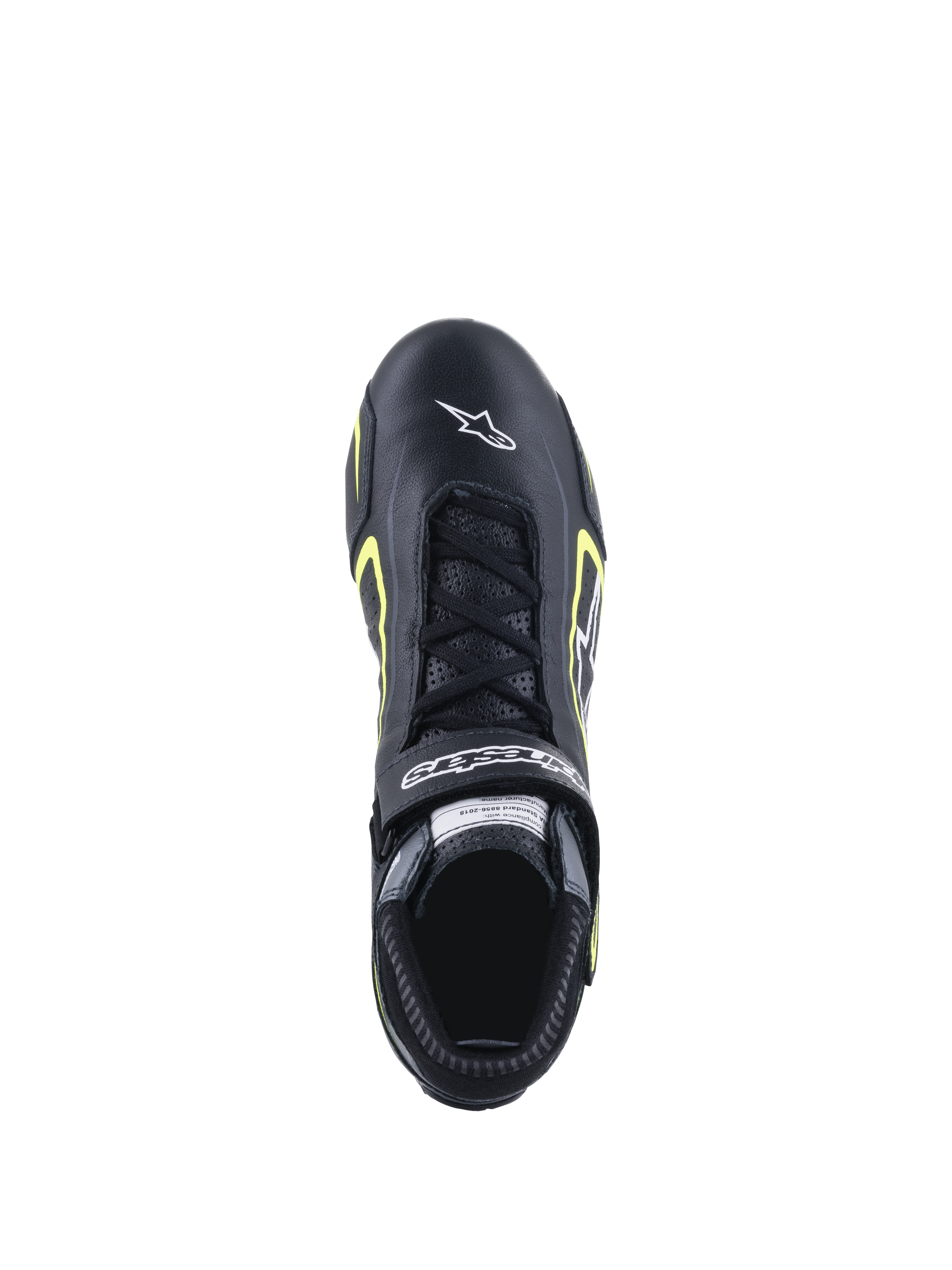 Chaussures Alpinestars Tech-1 T V3 FIA, chaussures de course automobile, noir et jaune fluo, vue de dessus montrant la construction en cuir, fermeture à lacets et logo Alpinestars blanc sur la pointe.