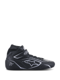 Alpinestars Tech-1 T V3 FIA, chaussures de course automobile, noires et argentées, bottines montantes en cuir avec sangle velcro à la cheville, panneaux latéraux perforés et logos argentés, certifiées FIA pour la compétition automobile professionnelle