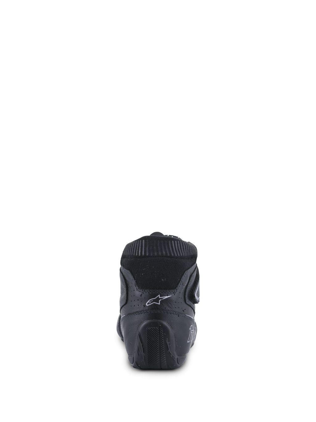 Alpinestars Tech-1 T V3 FIA, chaussures de course automobile, noir et argent, vue arrière montrant le contrefort de talon ergonomique, le logo Astars blanc et la semelle en caoutchouc texturée conçue pour le contrôle des pédales.