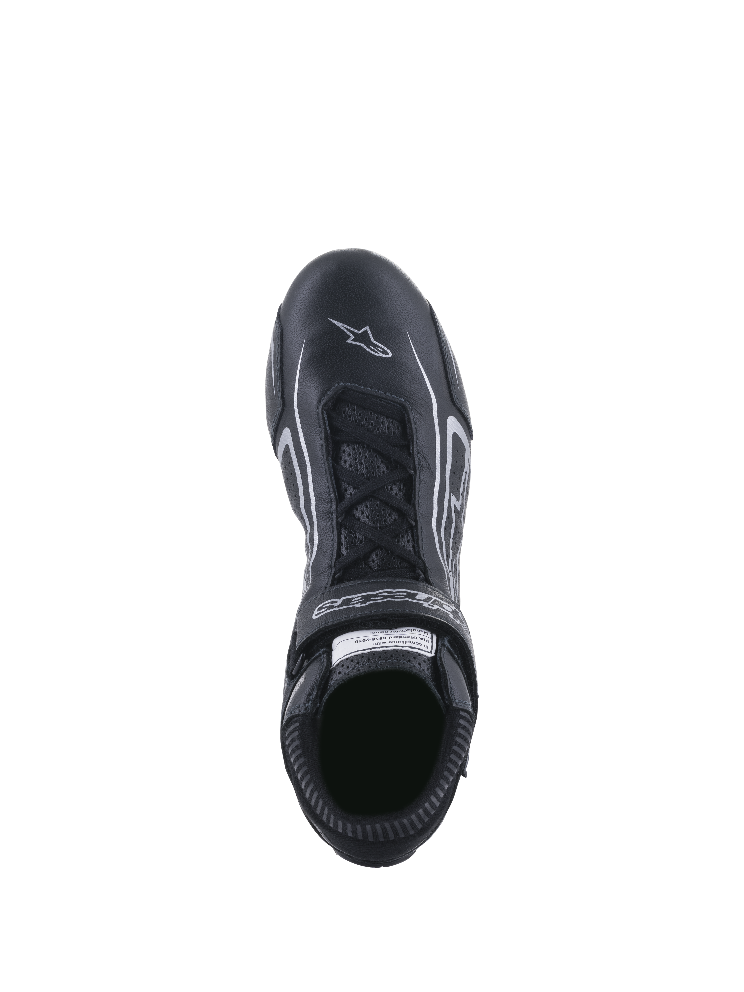 Alpinestars Tech-1 T V3 Shoes FIA, chaussures de course automobile, noir et argent, vue de dessus montrant le système de laçage et la sangle à crochet et boucle, cuir de bovin intégral avec logo étoile blanc sur le bout, équipement professionnel de sport automobile.