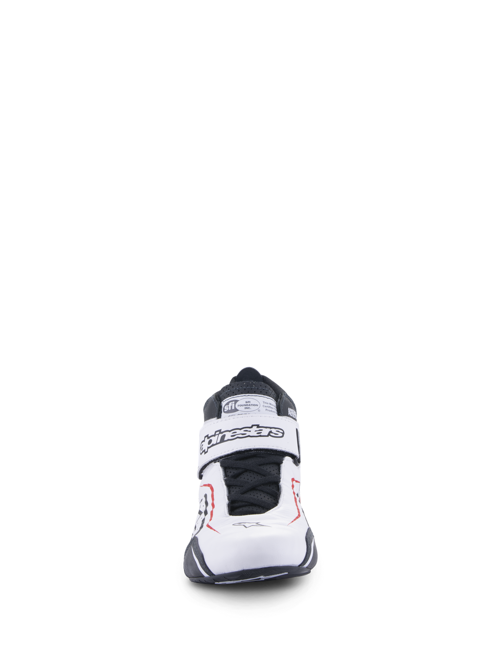 Chaussures Alpinestars Tech-1 T V3, chaussures de course automobile, blanc, noir et rouge, vue de face présentant une sangle de fermeture auto-agrippante avec logo Alpinestars, des lacets noirs et une étiquette de certification SFI sur la languette