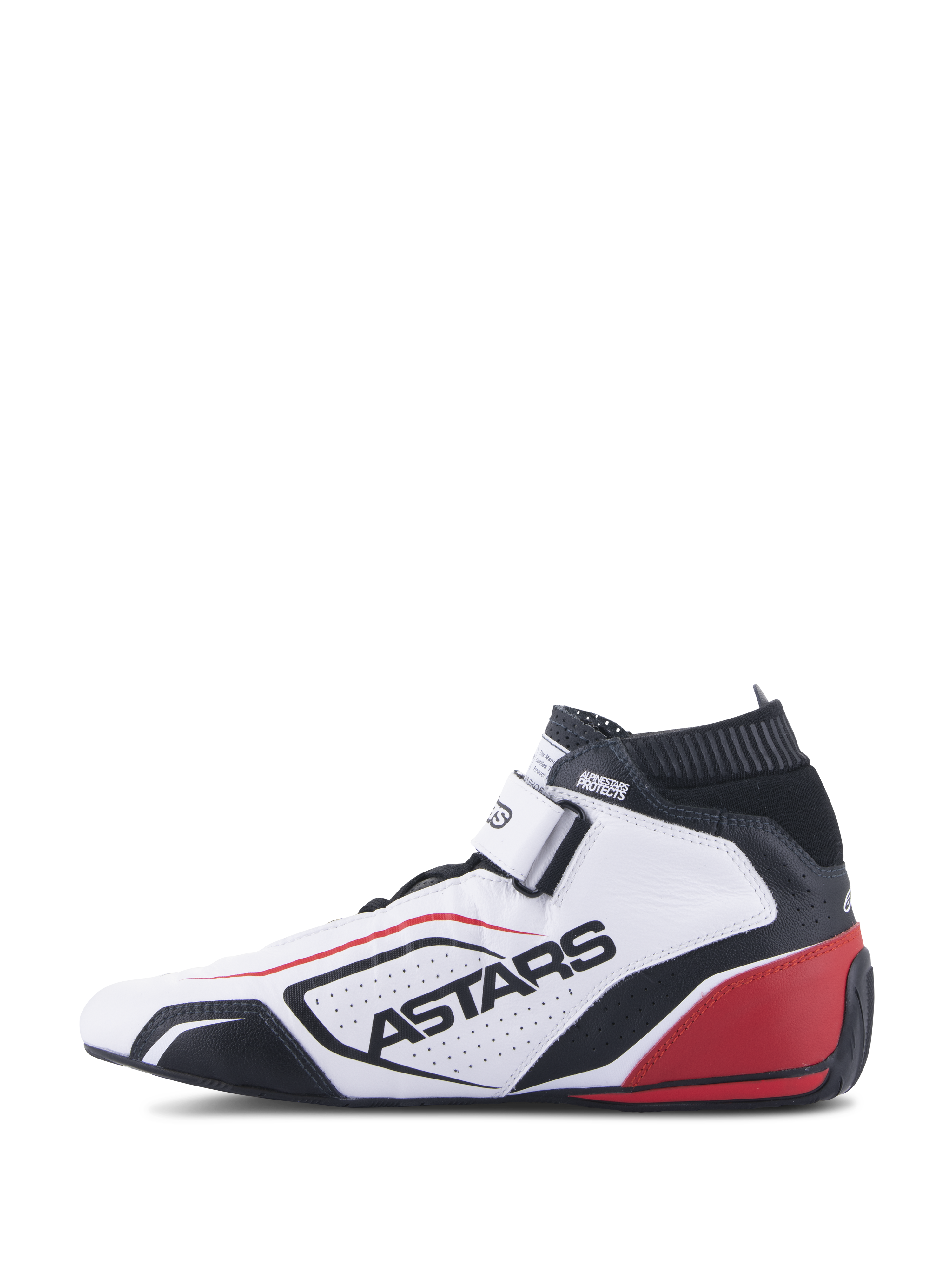 Chaussures Alpinestars Tech-1 T V3 FIA, chaussures de course automobile professionnelles, blanc, noir et rouge, vue de profil présentant le marquage ASTARS sur cuir perforé, col ignifugé noir et accents rouges au talon, design de sport automobile haute performance