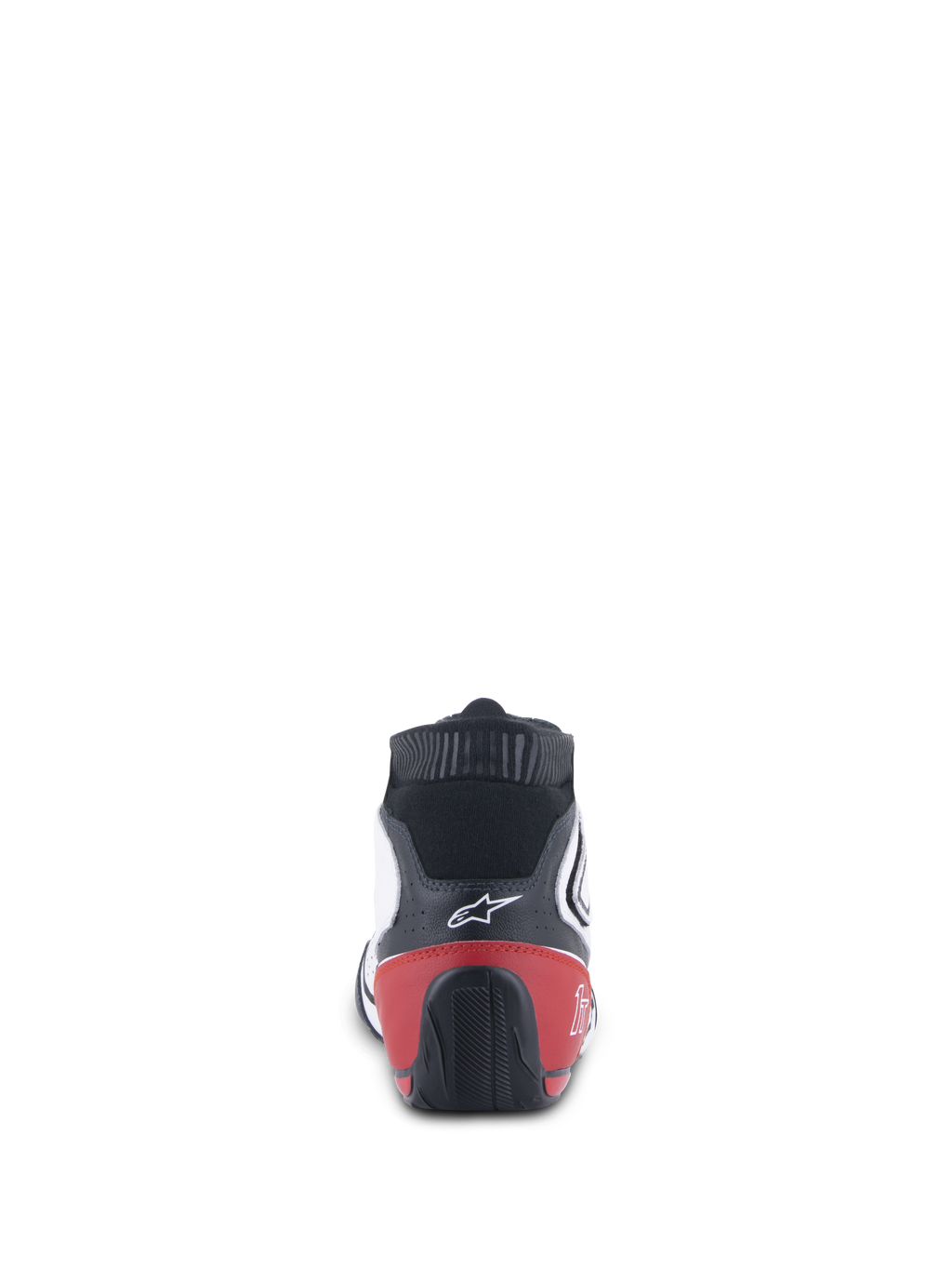 Chaussures Alpinestars Tech-1 T V3 FIA, chaussures de course automobile, blanc, noir et rouge, vue arrière montrant le contrefort de talon rouge et la semelle extérieure texturée noire, logo Alpinestars blanc sur la tige en cuir noir