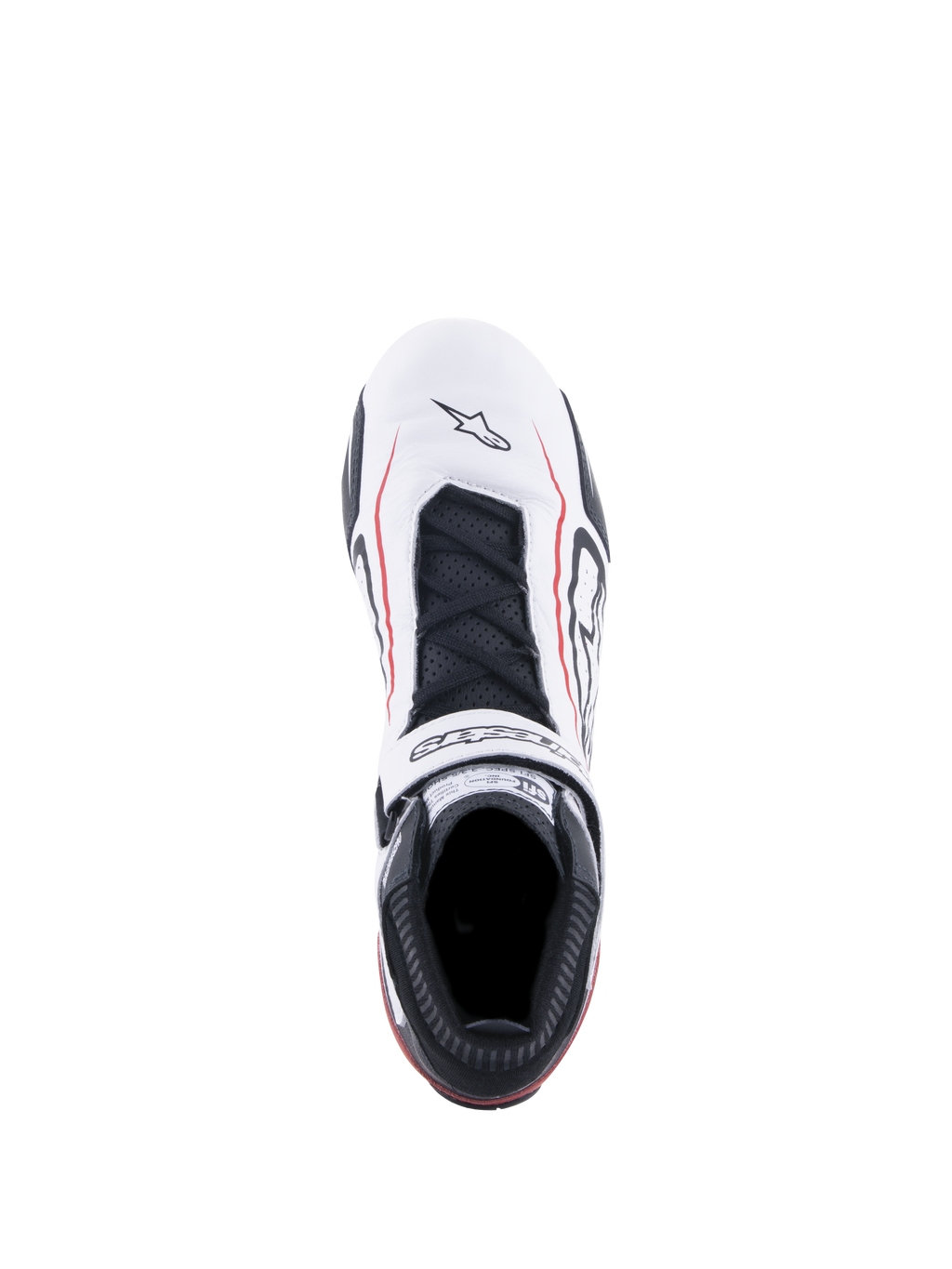 Alpinestars Tech-1 T V3 Shoes FIA, chaussures de course automobile, blanc, noir et rouge, vue de dessus présentant une tige en cuir blanc avec des lignes d'accentuation rouges, des lacets noirs, une sangle auto-agrippante griffée et une étiquette de certification SFI sur la languette