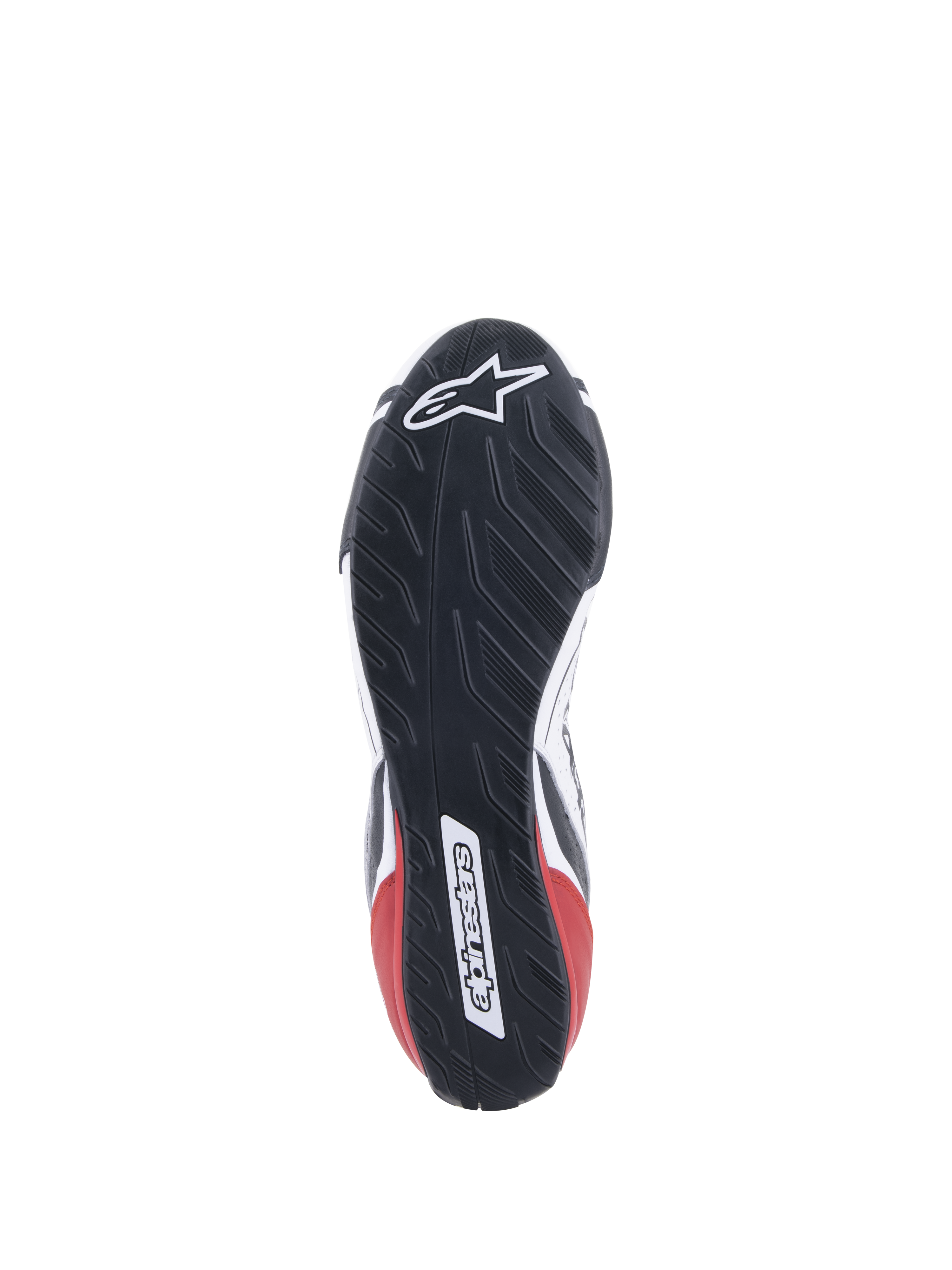 Chaussures Alpinestars Tech-1 T V3 FIA, chaussures de course automobile, blanc, noir et rouge, vue détaillée de la semelle en caoutchouc asymétrique inspirée de la bande de roulement d'un pneu, avec le logo et le lettrage Alpinestars, semelle extérieure résistante à l'huile et hydrofuge