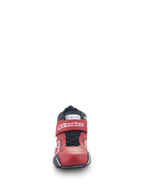 Chaussures Alpinestars Tech-1 T V3 FIA, chaussures de course automobile, rouge, noir et blanc, vue de face montrant le design élégant en cuir, sangle de cheville réglable avec logo blanc et système de fermeture à lacets noirs.