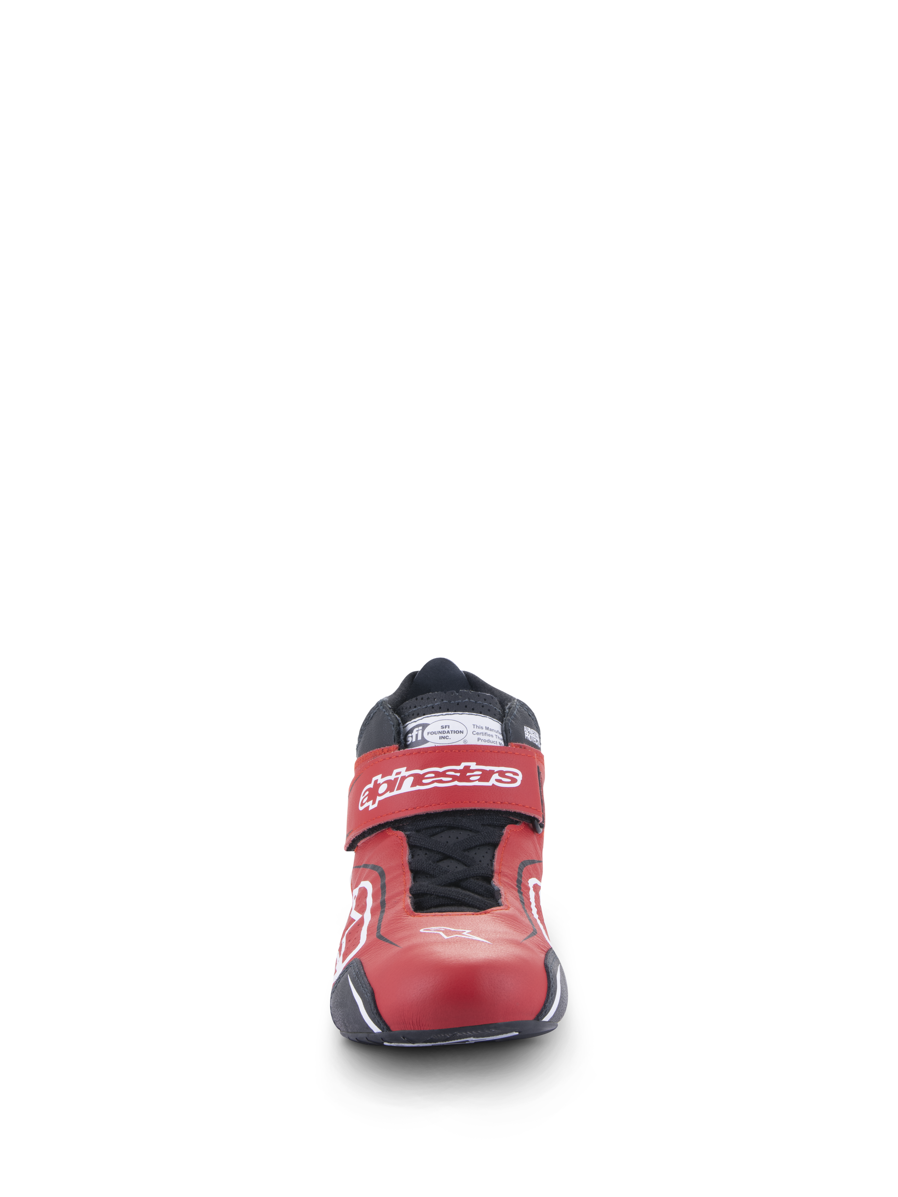 Chaussures Alpinestars Tech-1 T V3 FIA, chaussures de course automobile, rouge, noir et blanc, vue de face montrant le design élégant en cuir, sangle de cheville réglable avec logo blanc et système de fermeture à lacets noirs.