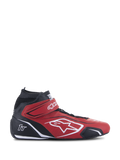 Alpinestars Tech-1 T V3 Shoes FIA, chaussures de course professionnelles rouges et noires, profil latéral, design montant, logo Alpinestars blanc et marquage 1T, sangle Velcro à la cheville, cuir de bovin perforé pour la respirabilité, semelle de performance noire fine, chaussures de sport automobile certifiées FIA