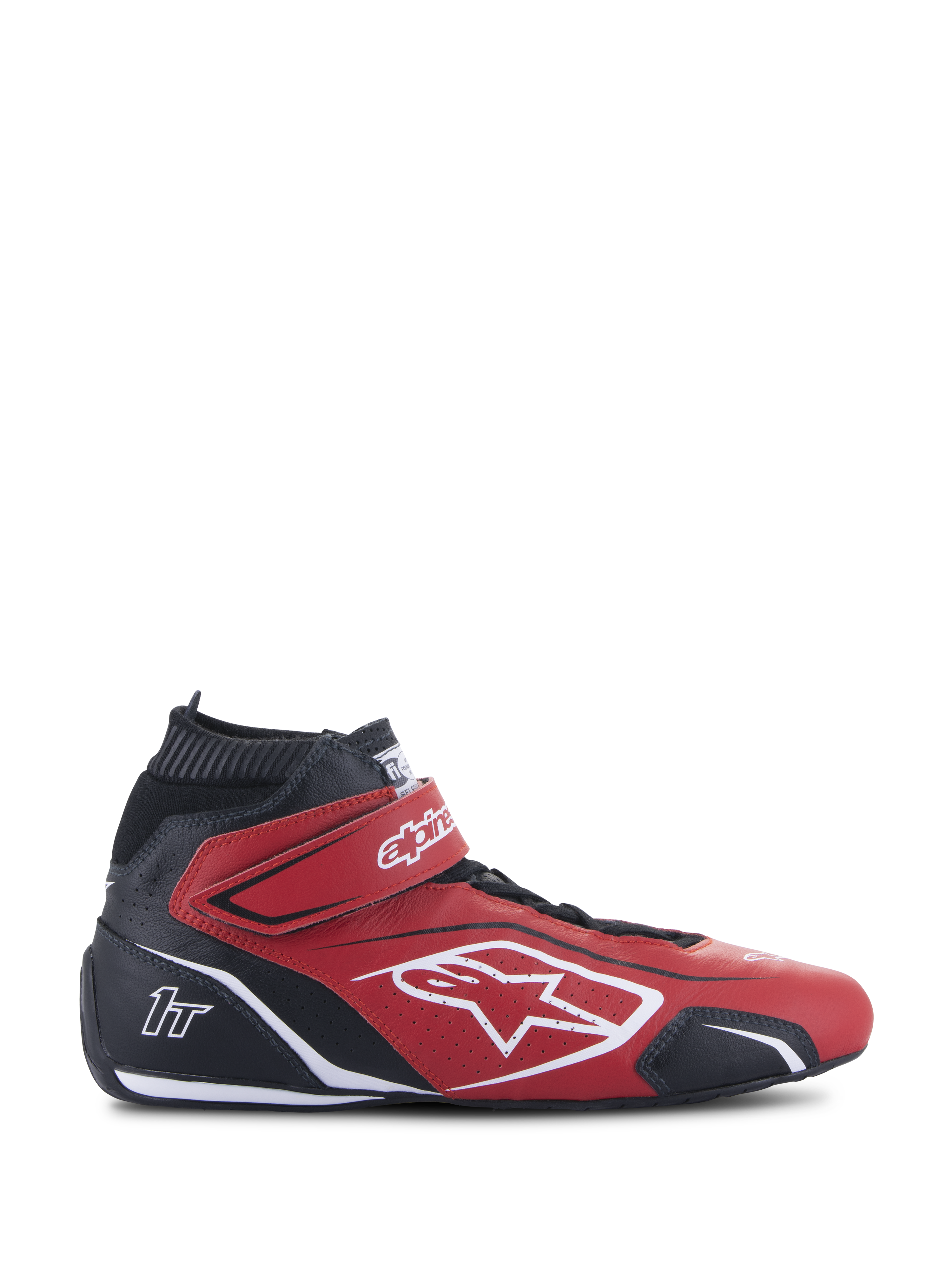 Alpinestars Tech-1 T V3 Shoes FIA, chaussures de course professionnelles rouges et noires, profil latéral, design montant, logo Alpinestars blanc et marquage 1T, sangle Velcro à la cheville, cuir de bovin perforé pour la respirabilité, semelle de performance noire fine, chaussures de sport automobile certifiées FIA