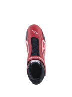 Alpinestars Tech-1 T V3 Shoes FIA, chaussure de course automobile, rouge, noir et blanc, vue de dessus montrant la tige en cuir de bovin rouge avec des lacets noirs et une sangle réglable, logos blancs et profil affiné pour la conduite de compétition.