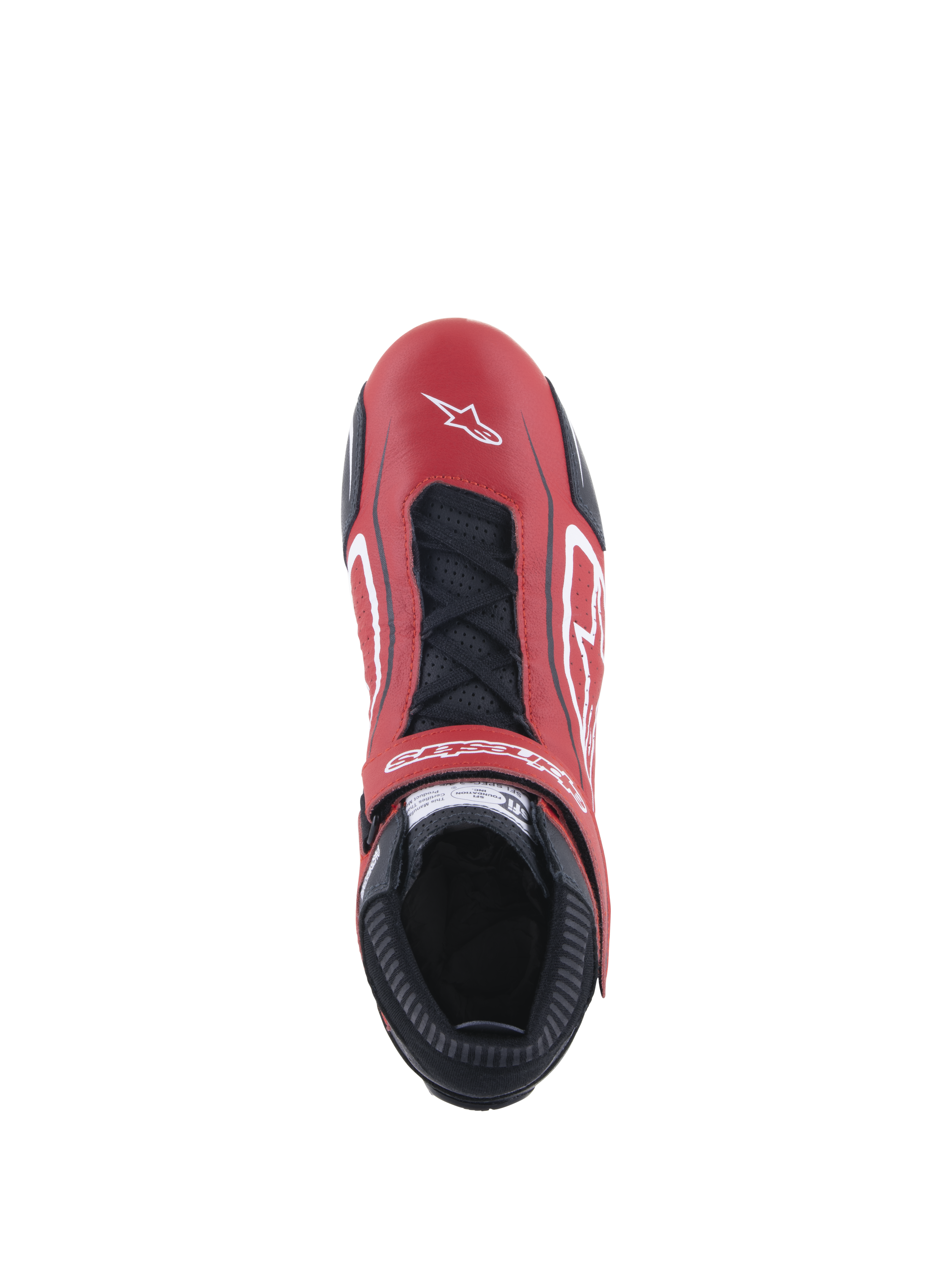 Alpinestars Tech-1 T V3 Shoes FIA, chaussure de course automobile, rouge, noir et blanc, vue de dessus montrant la tige en cuir de bovin rouge avec des lacets noirs et une sangle réglable, logos blancs et profil affiné pour la conduite de compétition.