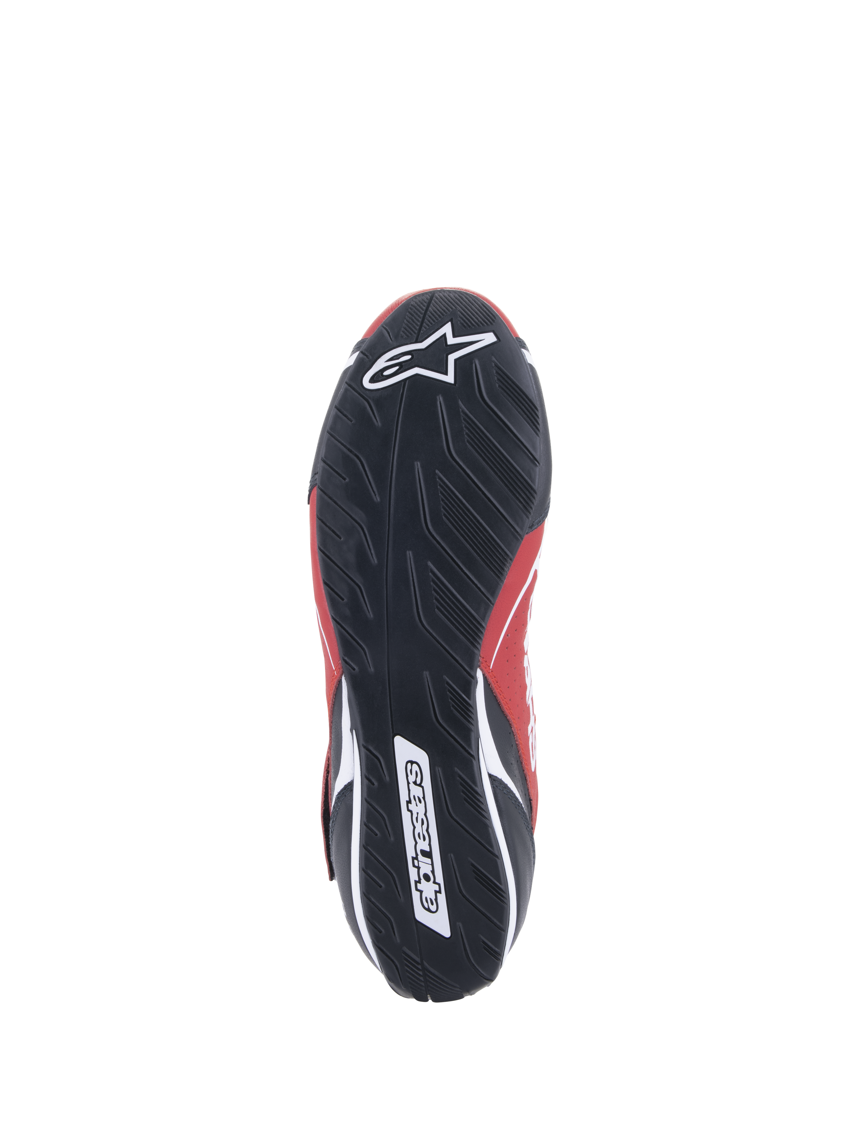 Chaussures Alpinestars Tech-1 T V3 FIA, chaussures de course automobile, rouge, noir et blanc, vue de dessous de la semelle en caoutchouc noir avec un motif de bande de roulement asymétrique et logo Alpinestars blanc