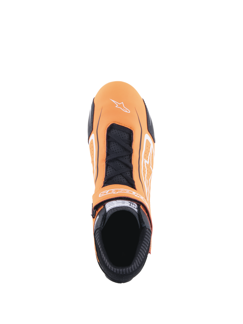 Chaussures Alpinestars Tech-1 T V3, chaussures de course automobile, orange fluo, noir et blanc, vue de dessus montrant la fermeture à lacets et la sangle auto-agrippante, logo Alpinestars blanc sur la pointe, panneaux en cuir perforé et col ignifugé noir