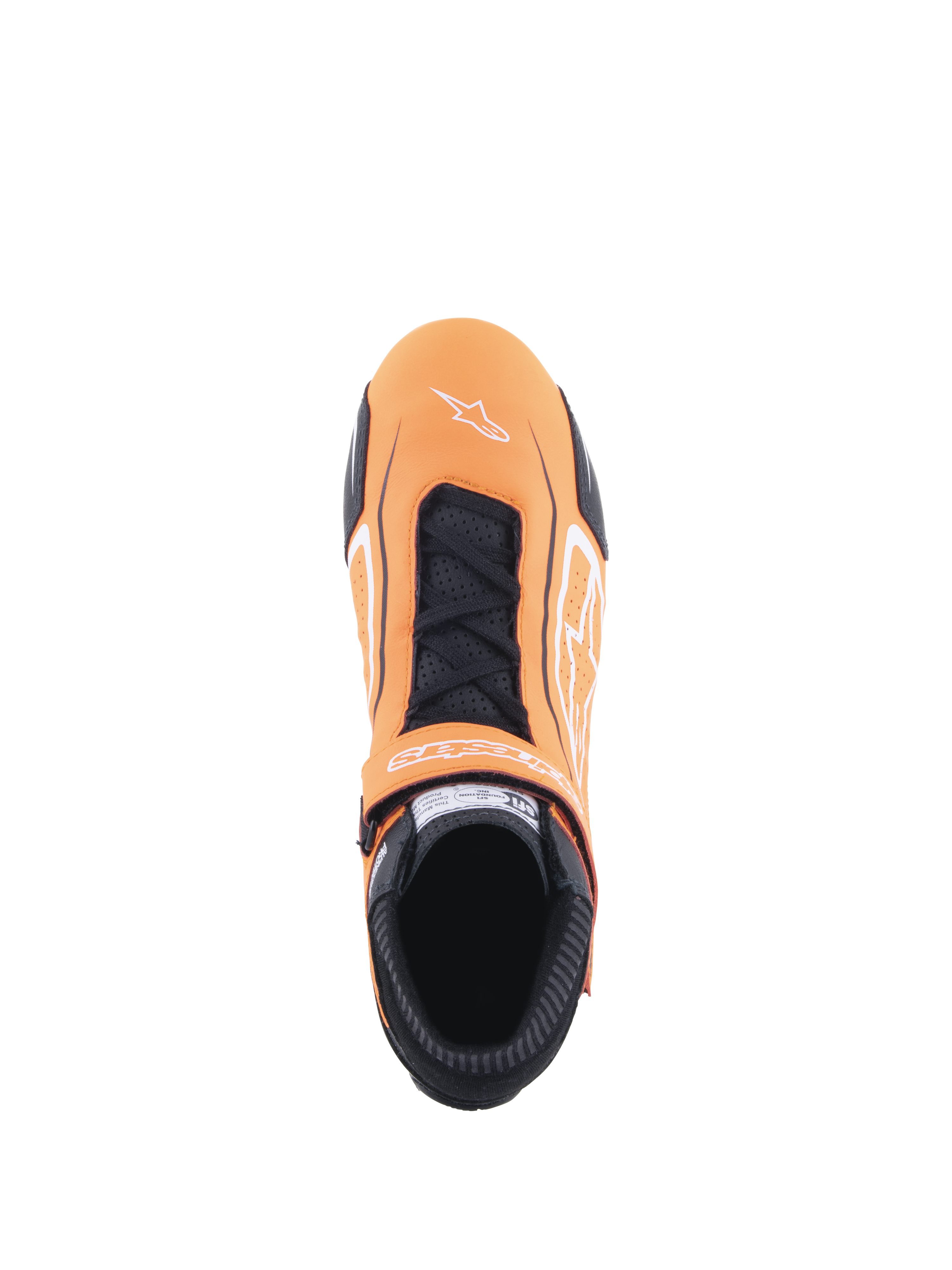 Chaussures Alpinestars Tech-1 T V3, chaussures de course automobile, orange fluo, noir et blanc, vue de dessus montrant la fermeture à lacets et la sangle auto-agrippante, logo Alpinestars blanc sur la pointe, panneaux en cuir perforé et col ignifugé noir