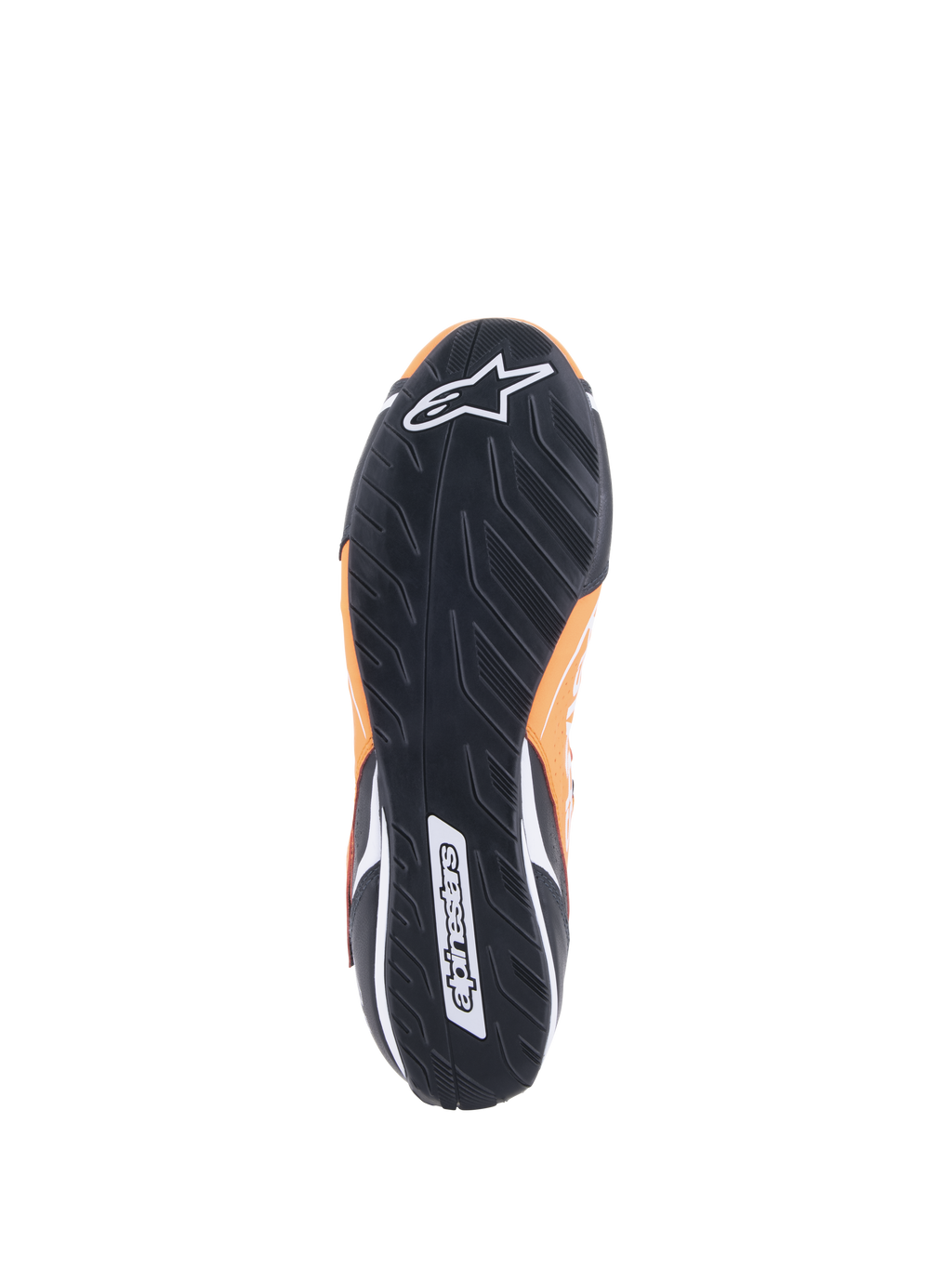 Alpinestars Tech-1 T V3 FIA, Orange Fluo Noir Blanc, vue de dessous montrant la semelle extérieure en caoutchouc noir avec un motif de bande de roulement asymétrique, logo Alpinestars blanc sur la pointe et logo textuel sur le talon.