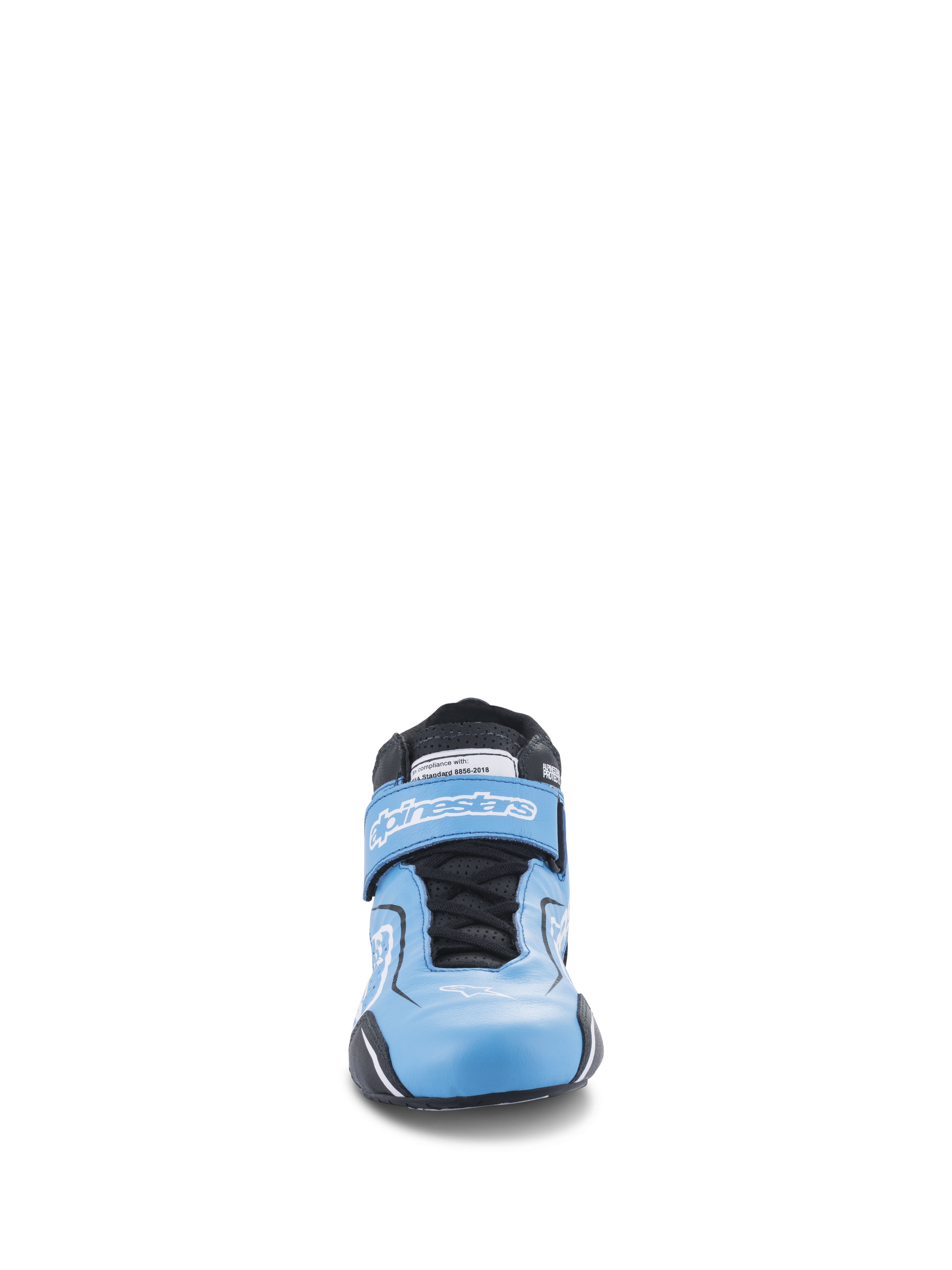 Chaussures Alpinestars Tech-1 T V3 FIA, chaussures de course automobile, bleu clair avec accents noirs et blancs, vue de face montrant le double système de fermeture avec lacets et sangle auto-agrippante, chaussures de pilotage en cuir haute performance
