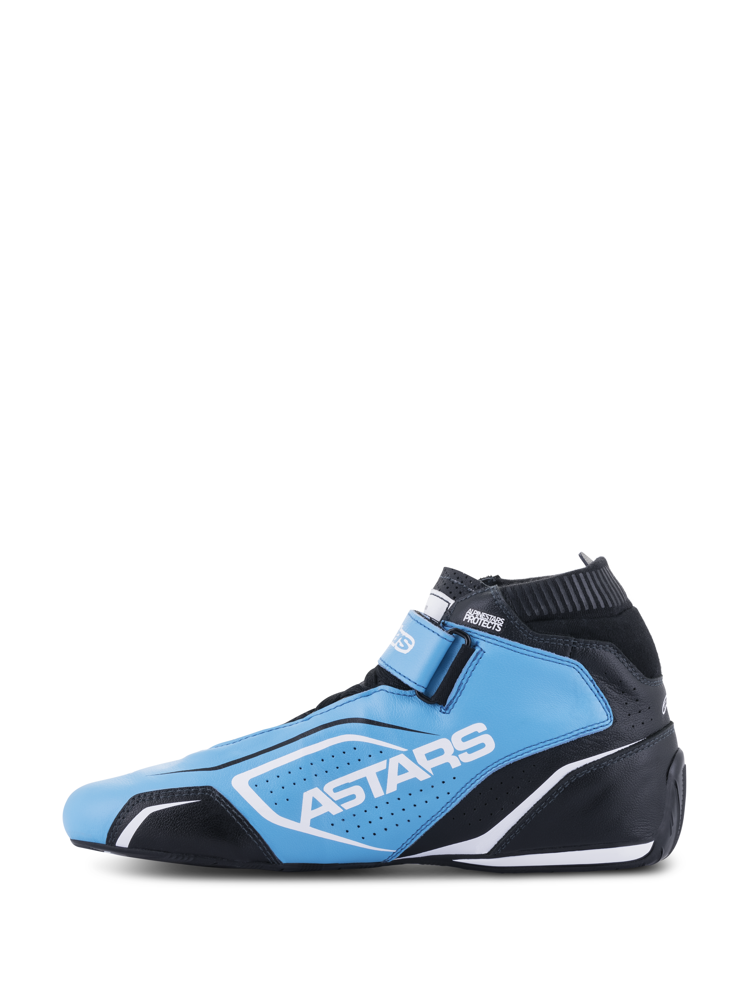 Chaussures Alpinestars Tech-1 T V3 FIA, chaussures de course automobile, bleu clair, noir et blanc, avec marquage ASTARS, panneaux en cuir perforé et silhouette de course profilée.
