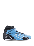 Alpinestars Tech-1 T V3 Shoes FIA, chaussures de course automobile montantes, bleu clair et noir avec des accents blancs, vue latérale présentant une sangle Velcro, logo étoile blanc, construction en cuir perforé et semelle extérieure mince haute performance