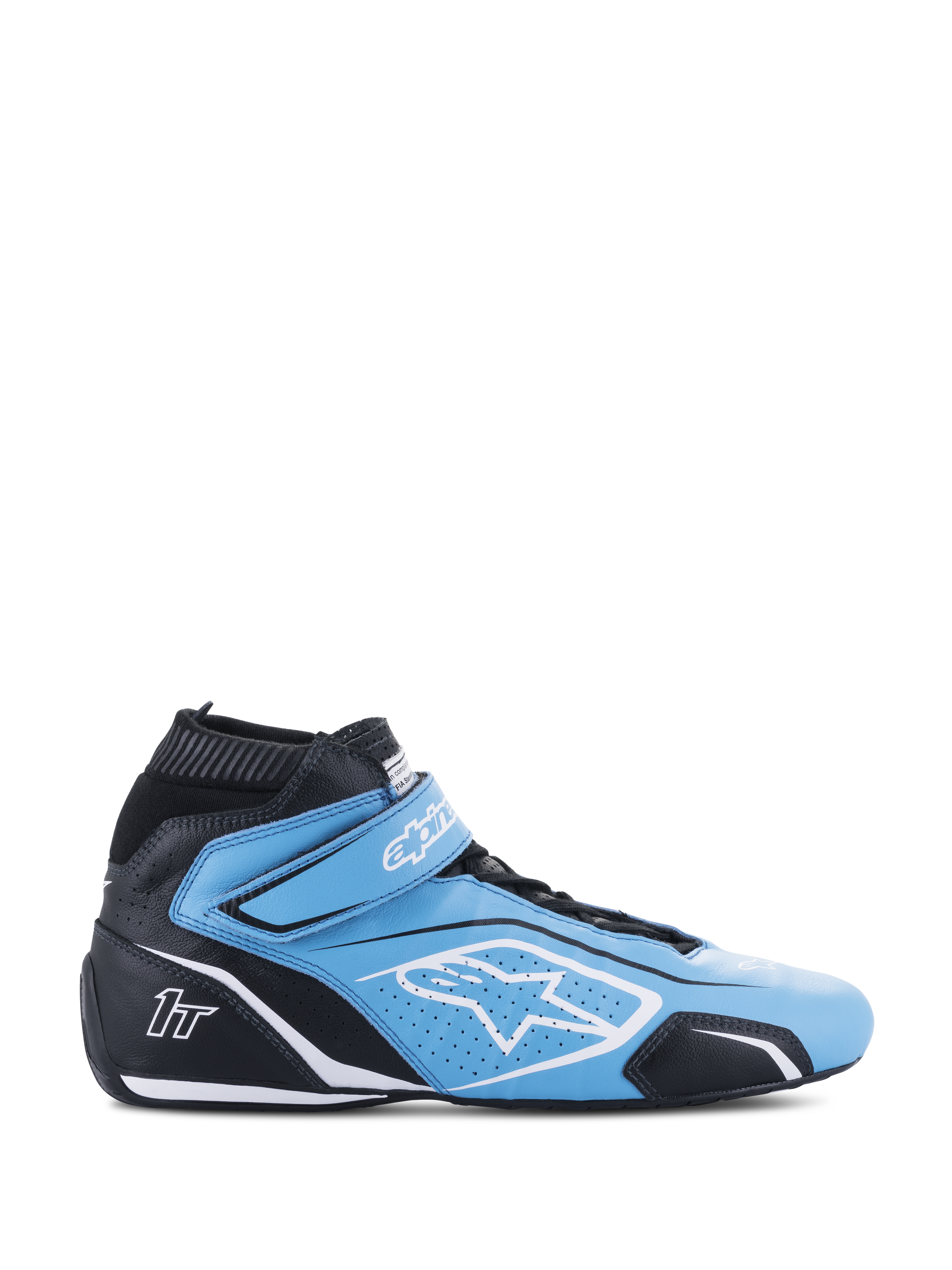 Alpinestars Tech-1 T V3 Shoes FIA, chaussures de course automobile montantes, bleu clair et noir avec des accents blancs, vue latérale présentant une sangle Velcro, logo étoile blanc, construction en cuir perforé et semelle extérieure mince haute performance