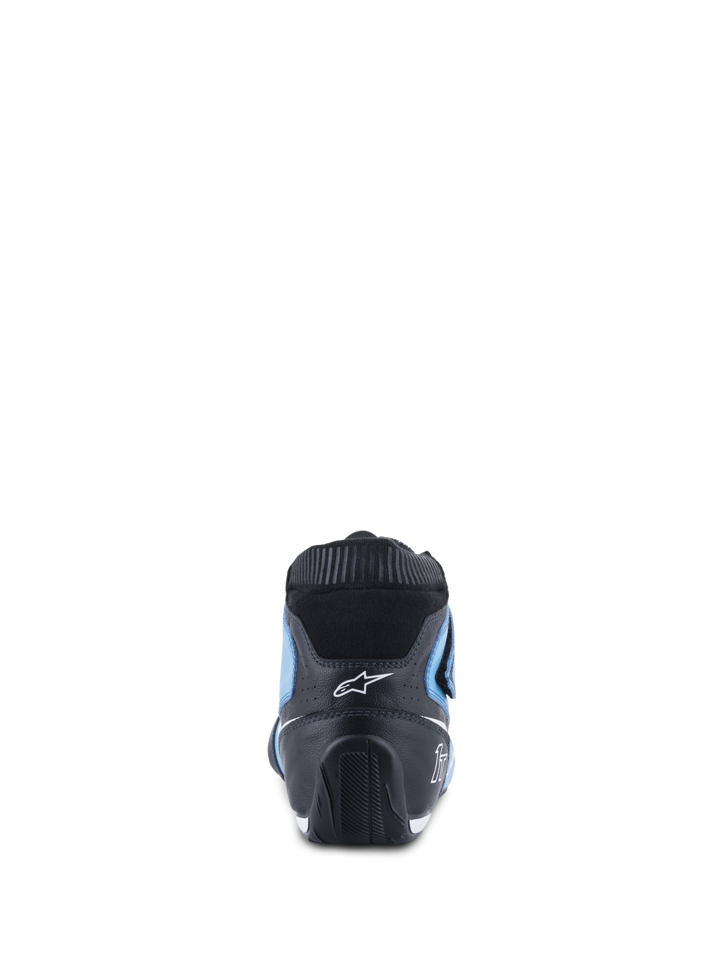 Chaussures Alpinestars Tech-1 T V3 FIA, chaussures de course automobile, bleu clair, noir et blanc, vue arrière présentant le talon en cuir noir, les panneaux latéraux bleu clair et le col élastique ignifuge noir, design ergonomique épuré avec logo Alpinestars blanc