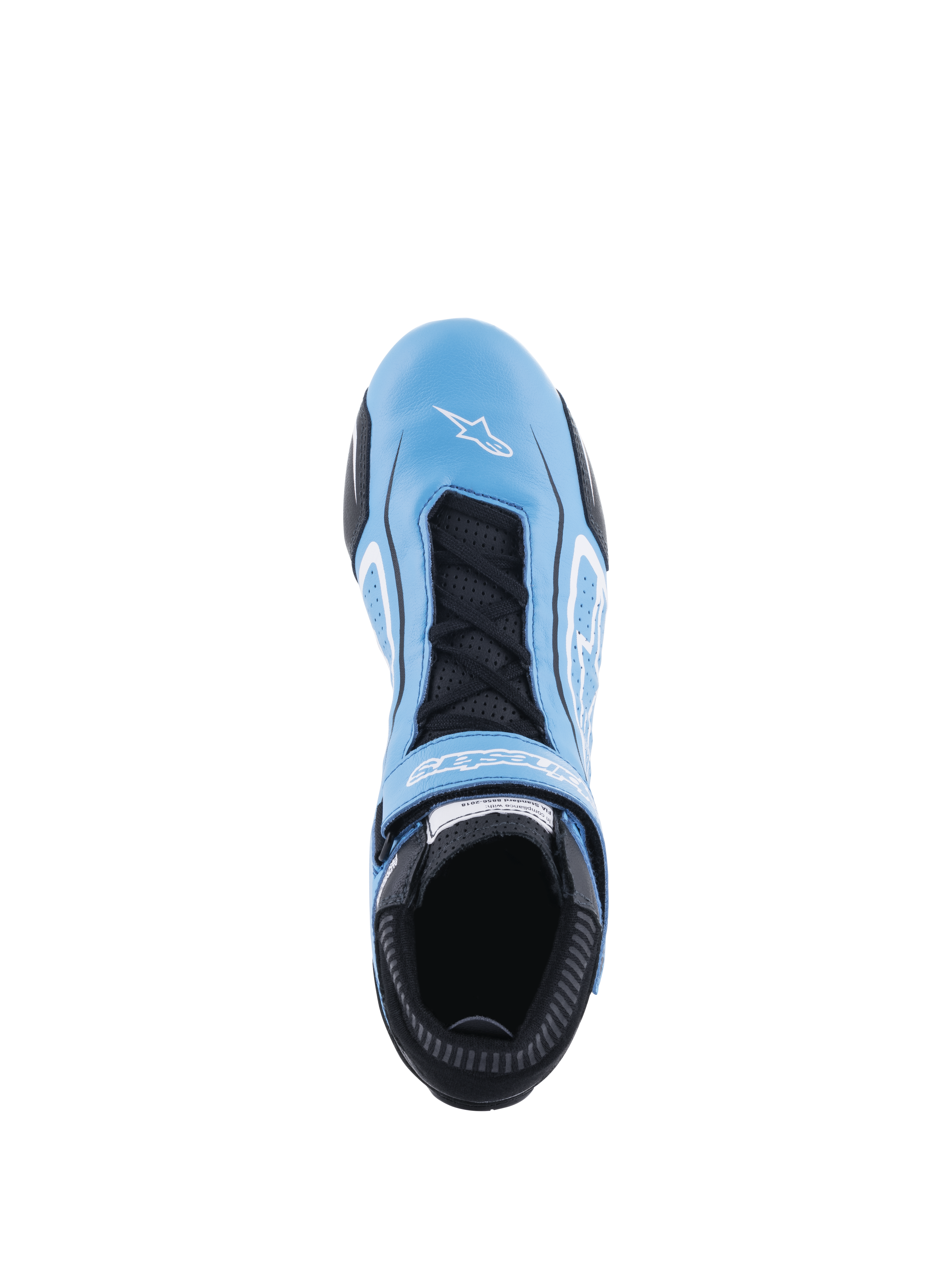 Alpinestars Tech-1 T V3 Shoes FIA, chaussures de course automobile, bleu clair, noir et blanc, vue de dessus montrant une construction en cuir de bovin intégral, lacets noirs avec sangle à crochet et boucle, logo Alpinestars blanc sur le bout du pied et languette perforée pour la respirabilité