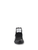 Chaussures Alpinestars Supertech, chaussures de course automobile, noires, vue de face montrant la tige tricotée en aramide, étiquette d'homologation FIA blanche sur la languette et petit logo Astars blanc sur la pointe, design professionnel pour sport automobile