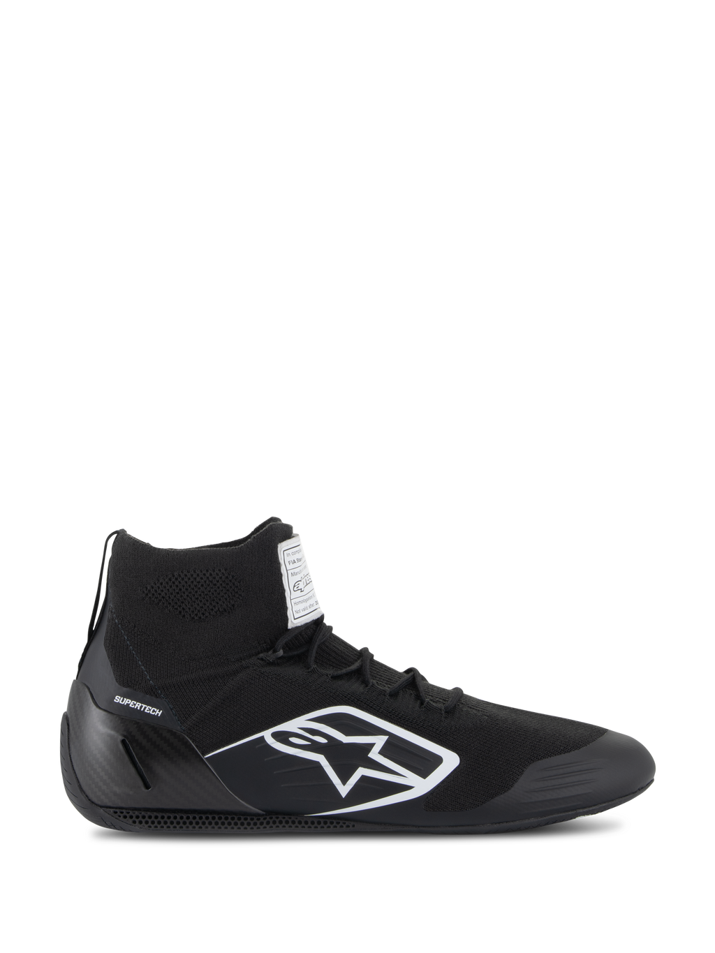 Chaussures Alpinestars Supertech, chaussures de course automobile certifiées FIA/SFI, noires avec logo étoile Alpinestars blanc, design montant avec tige tricotée et coque de talon en fibre de carbone, chaussures de sport automobile professionnelles