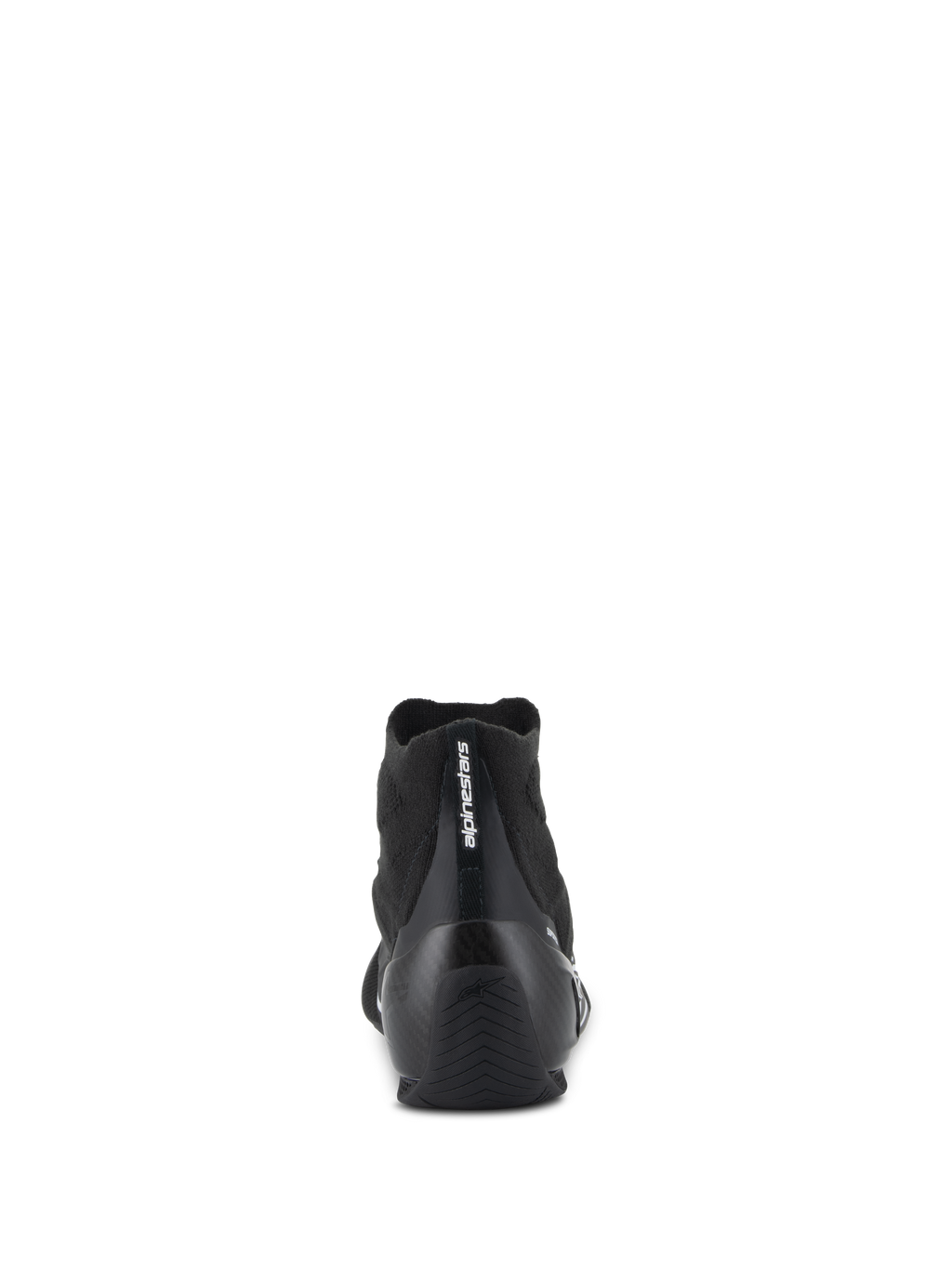 Chaussures Alpinestars Supertech - FIA/SFI, chaussures de course automobile, noir, vue arrière avec coque de talon en fibre de carbone et tige en tricot, logo Alpinestars vertical sur le talon, équipement de sport automobile professionnel