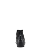 Chaussures Alpinestars Supertech - FIA/SFI, chaussures de course automobile, noir, vue arrière avec coque de talon en fibre de carbone et tige en tricot, logo Alpinestars vertical sur le talon, équipement de sport automobile professionnel