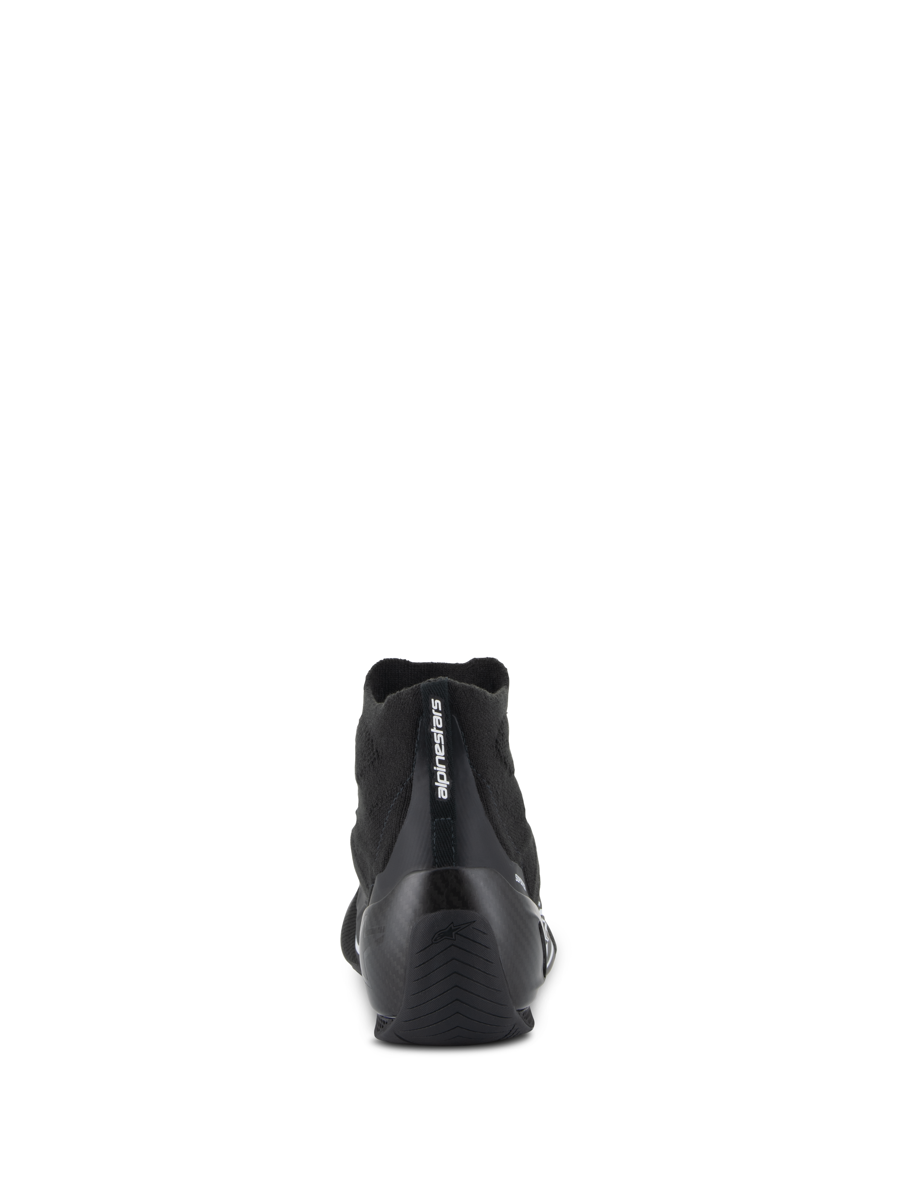 Chaussures Alpinestars Supertech - FIA/SFI, chaussures de course automobile, noir, vue arrière avec coque de talon en fibre de carbone et tige en tricot, logo Alpinestars vertical sur le talon, équipement de sport automobile professionnel