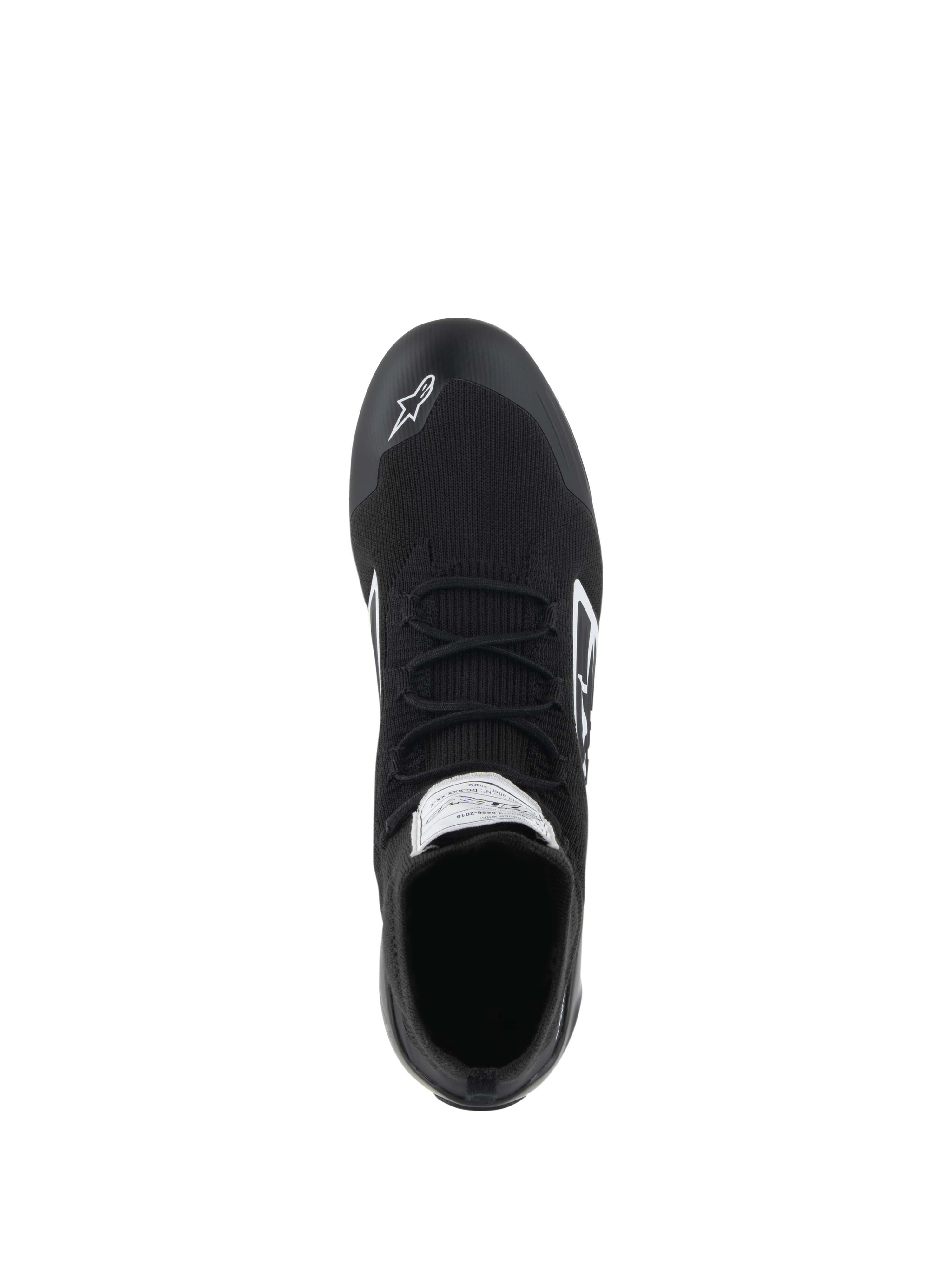Chaussures Supertech Alpinestars - FIA/SFI, chaussures de course automobile, noir, vue de dessus montrant la tige entièrement tricotée en fibres aramidiques, lacets plats et logo Alpinestars blanc sur la pointe, chaussures de sport automobile professionnelles