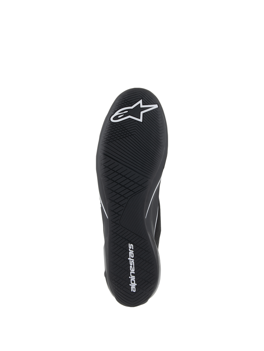 Chaussures Alpinestars Supertech, chaussures de course automobile, noires, vue de dessous de la semelle extérieure en caoutchouc ultra-fine avec logo étoile blanc et inscription Alpinestars, présentant un motif de bande de roulement asymétrique pour la sensibilité aux pédales et l'adhérence